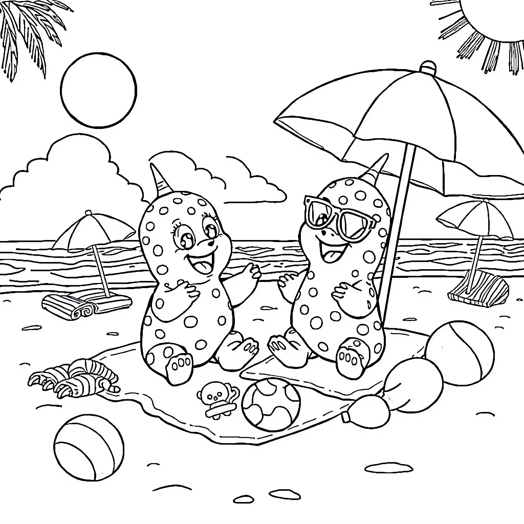Lububus enjoying a sunny beach day Coloring Page (free black-and-white line drawing printable PDF for all, from beginners to advanced learners, including children, teens, adults, and seniors)