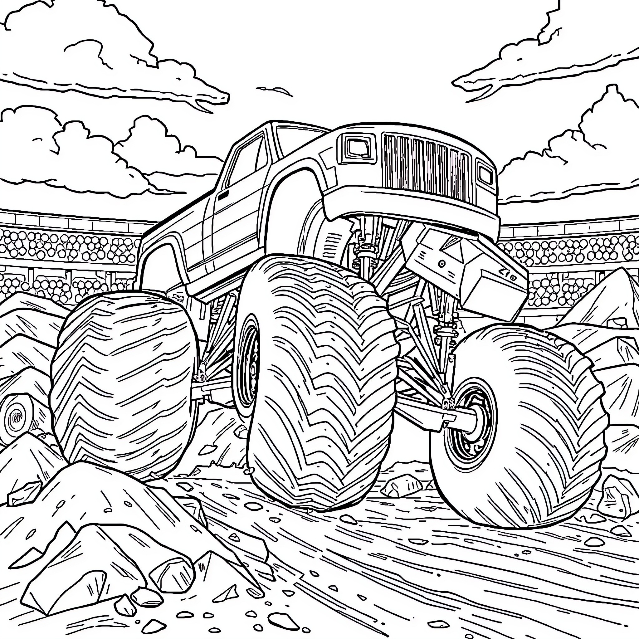 Monster Truck Performing Impressive Stunts in the Outdoors Coloring Page (free black-and-white line drawing printable PDF for all, from beginners to advanced learners, including children, teens, adults, and seniors)