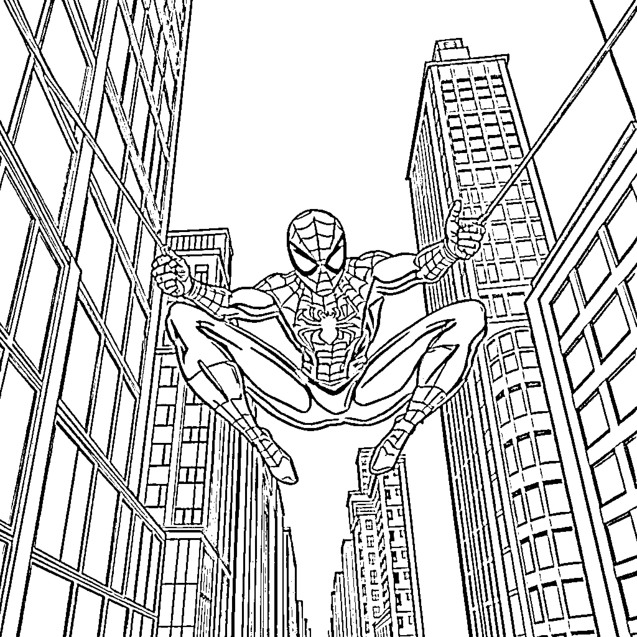 Spider hero swinging between tall city buildings Coloring Page (free black-and-white line drawing printable PDF for all, from beginners to advanced learners, including children, teens, adults, and seniors)