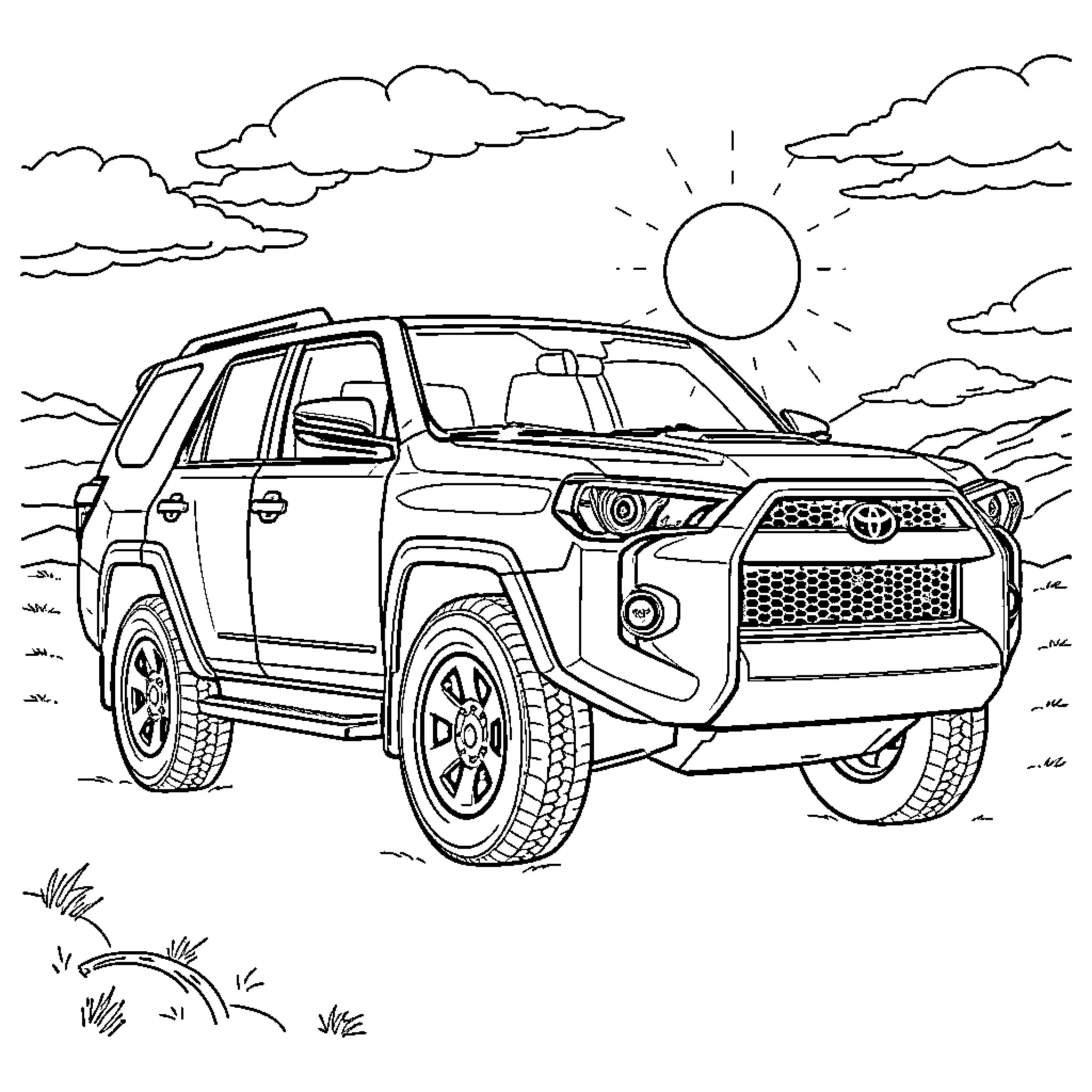 Toyota 4Runner driving through scenic landscape Coloring Page (free black-and-white line drawing printable PDF for all, from beginners to advanced learners, including children, teens, adults, and seniors)