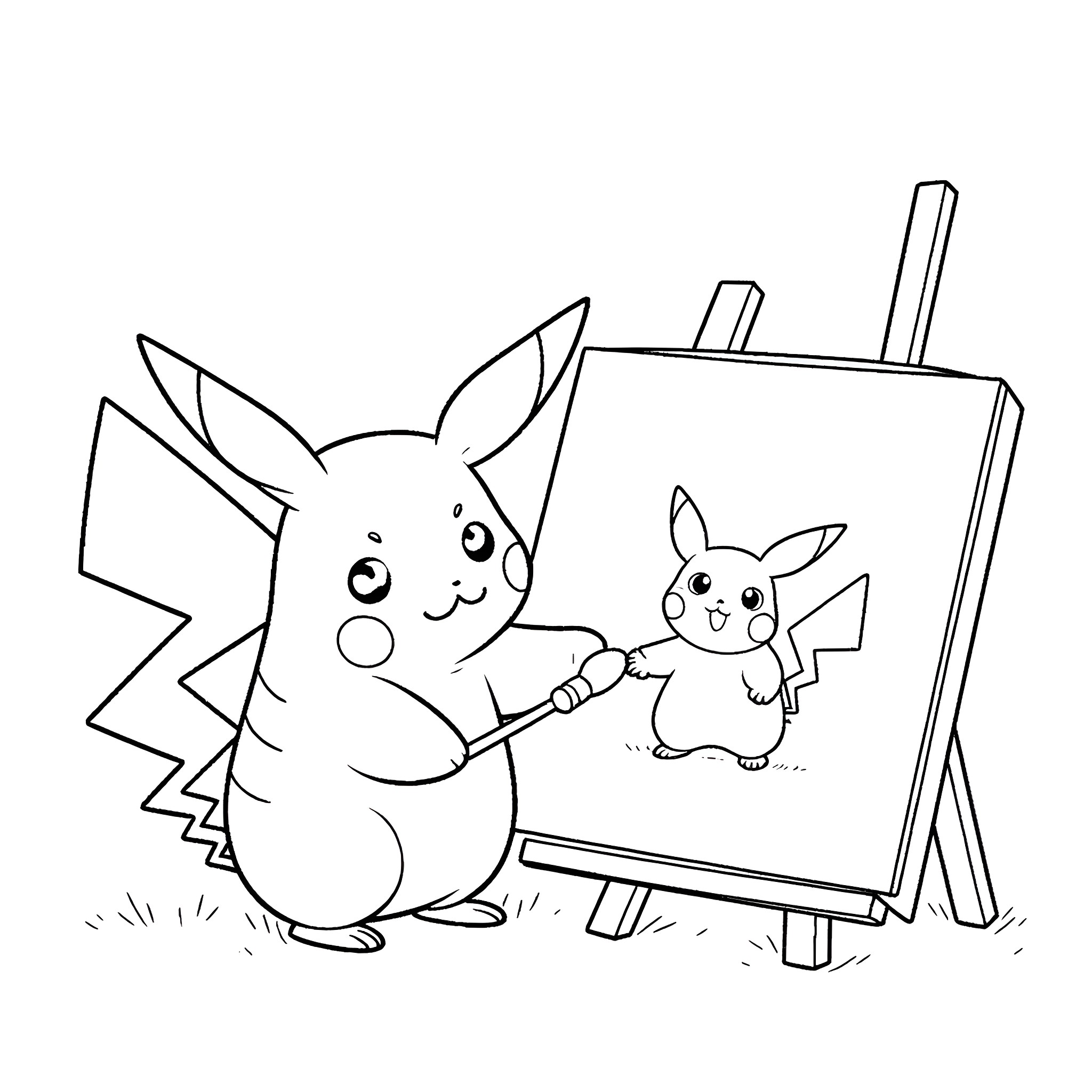Pikachu painting a picture with its friend Coloring Page (free black-and-white line drawing printable PDF for all, from beginners to advanced learners, including children, teens, adults, and seniors)
