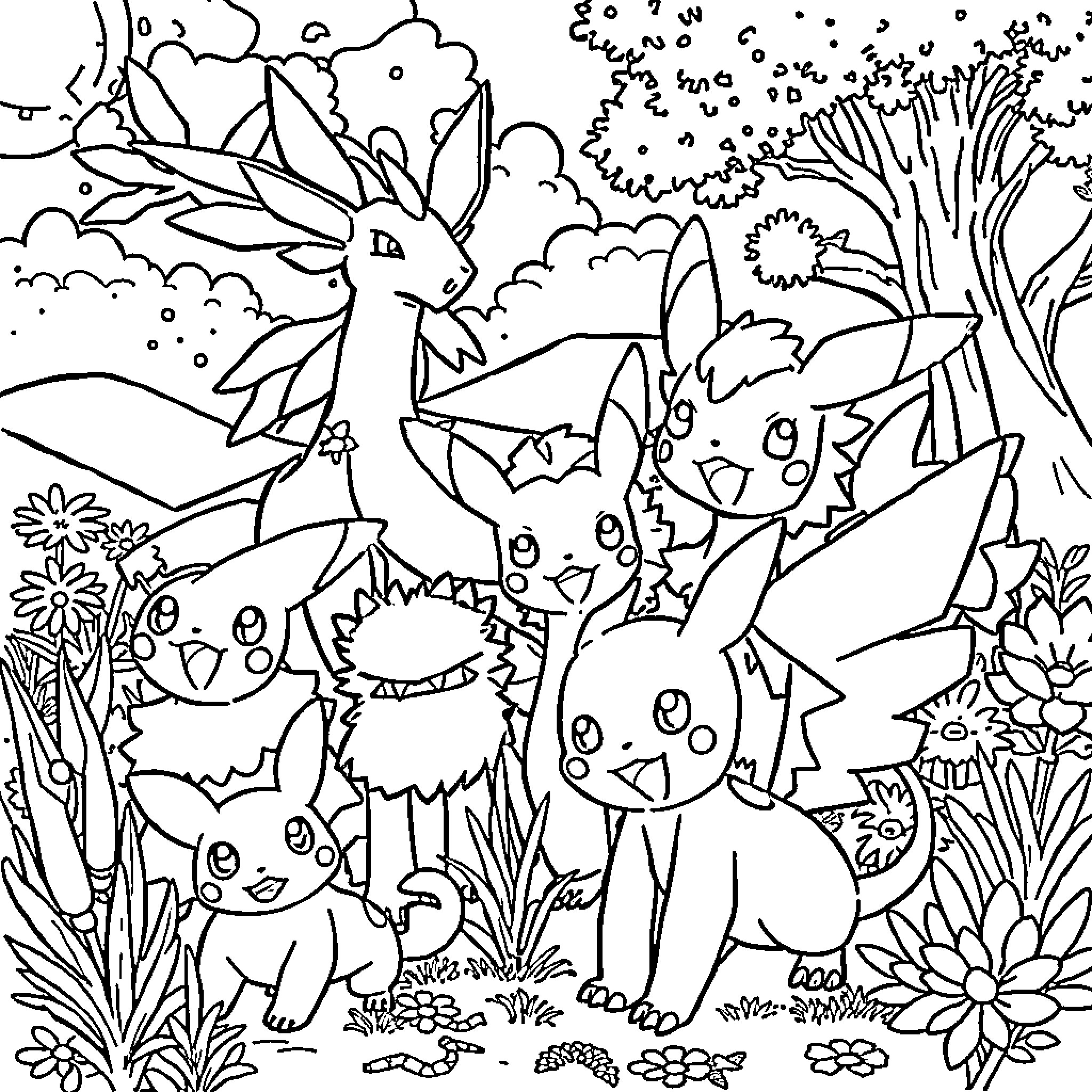 Pokémon characters in a vibrant natural setting Coloring Page (free black-and-white line drawing printable PDF for all, from beginners to advanced learners, including children, teens, adults, and seniors)