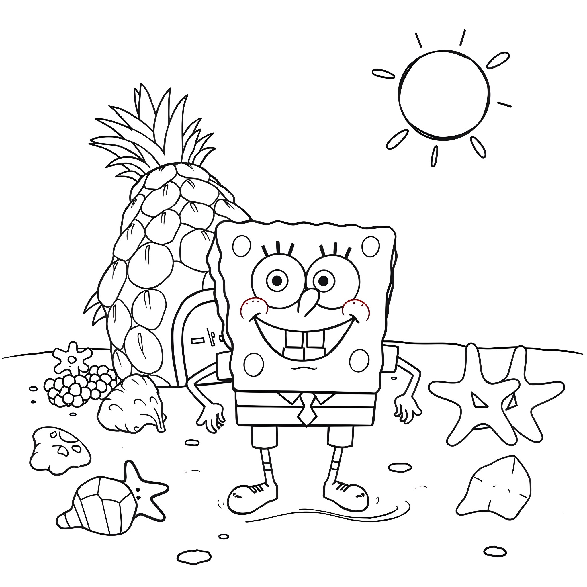Spongebob enjoying a sunny day at the beach Coloring Page (free black-and-white line drawing printable PDF for all, from beginners to advanced learners, including children, teens, adults, and seniors)