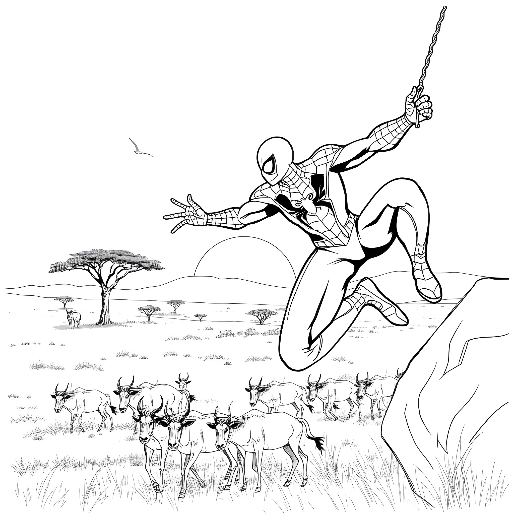 Spider-Man swinging through the African savanna Coloring Page (free black-and-white line drawing printable PDF for all, from beginners to advanced learners, including children, teens, adults, and seniors)