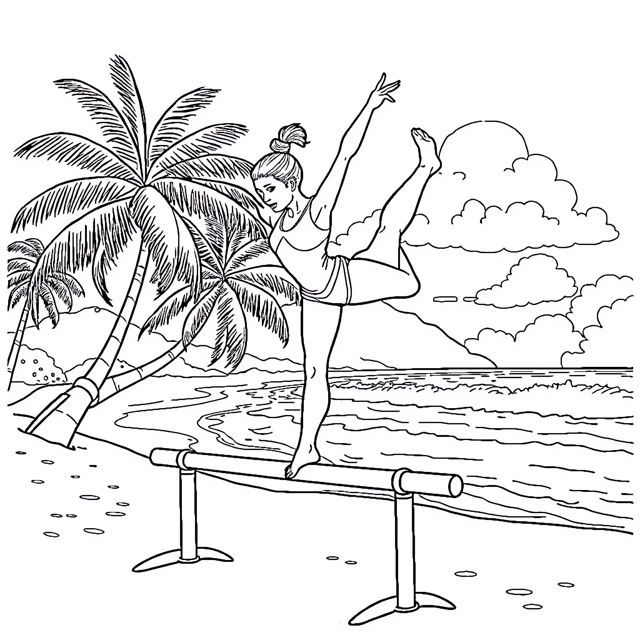 Gymnast performing beach yoga poses on a tropical island Coloring Page (free black-and-white line drawing printable PDF for all, from beginners to advanced learners, including children, teens, adults, and seniors)
