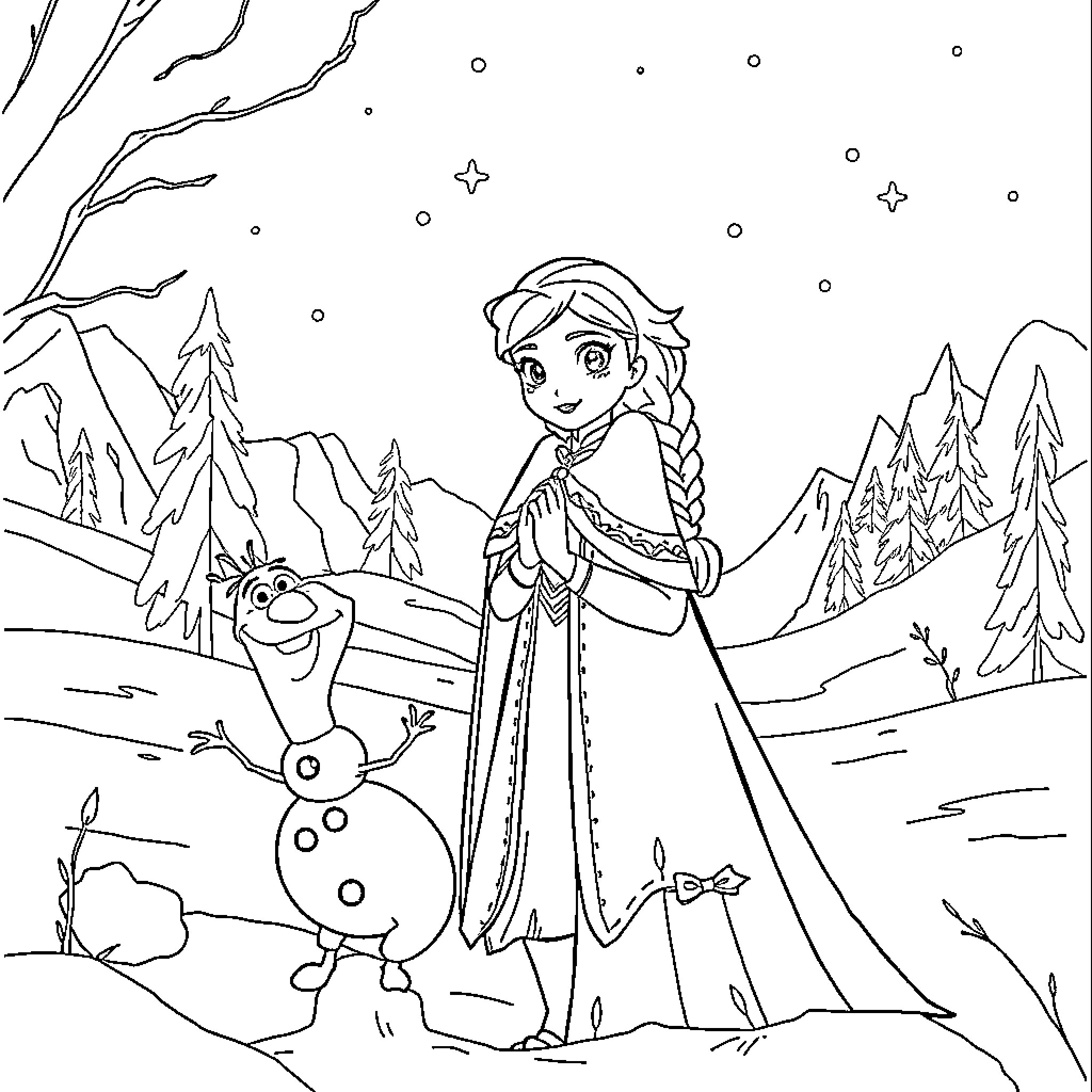 Frozen characters in a winter landscape Coloring Page (free black-and-white line drawing printable PDF for all, from beginners to advanced learners, including children, teens, adults, and seniors)