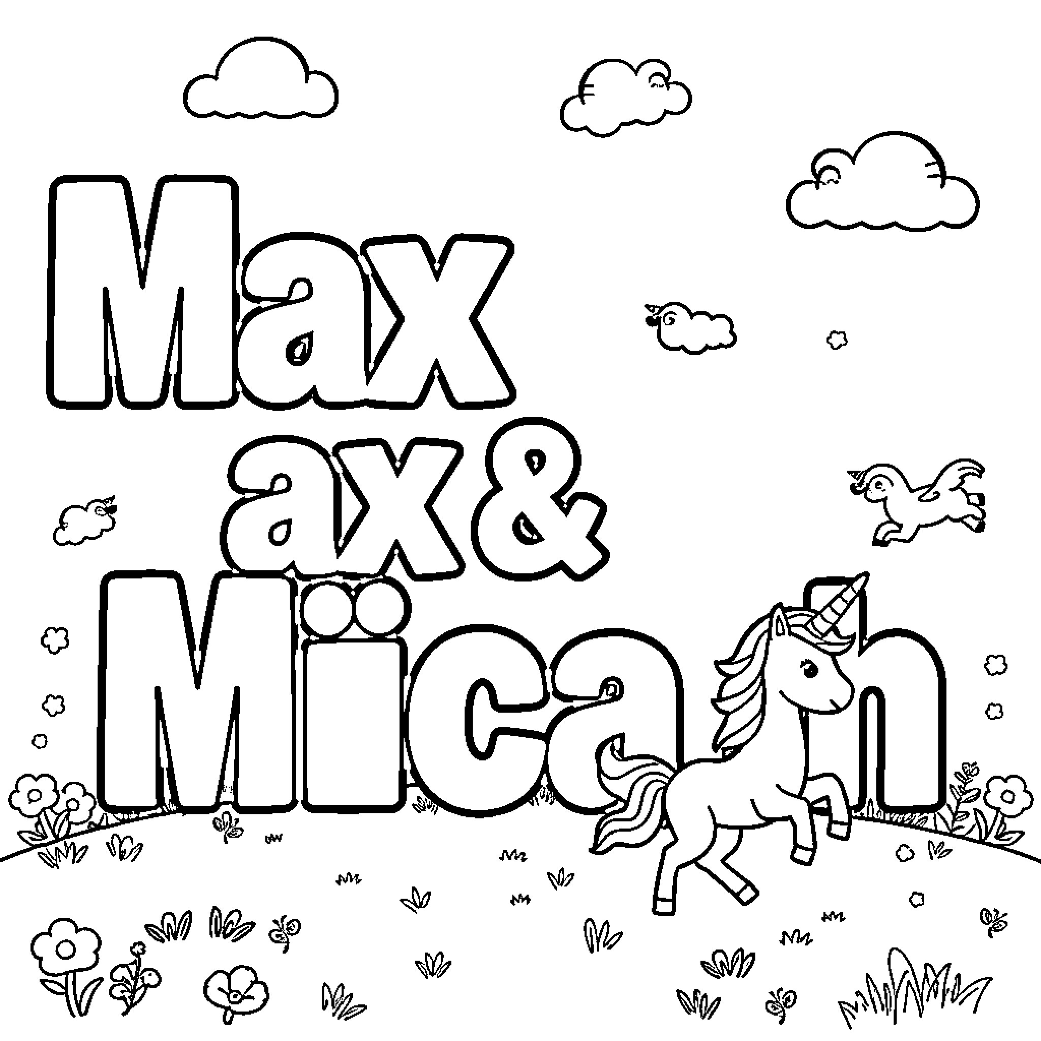 Max & Micah's Playful Adventure Coloring Page (free black-and-white line drawing printable PDF for all, from beginners to advanced learners, including children, teens, adults, and seniors)