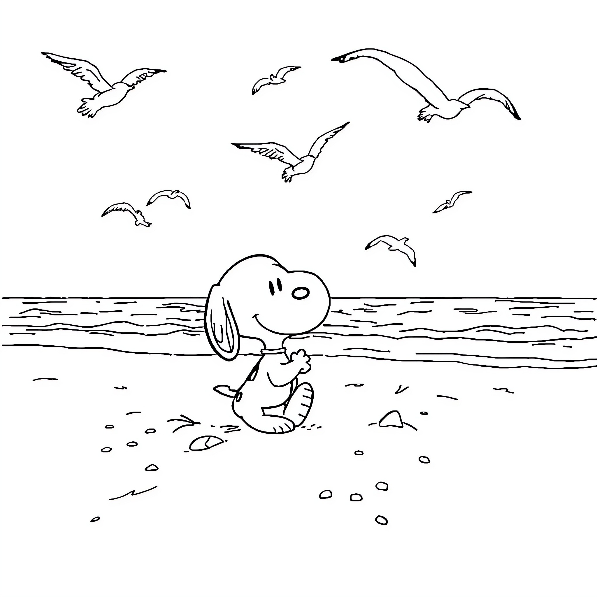 Snoopy playing on the beach with seagulls Coloring Page (free black-and-white line drawing printable PDF for all, from beginners to advanced learners, including children, teens, adults, and seniors)
