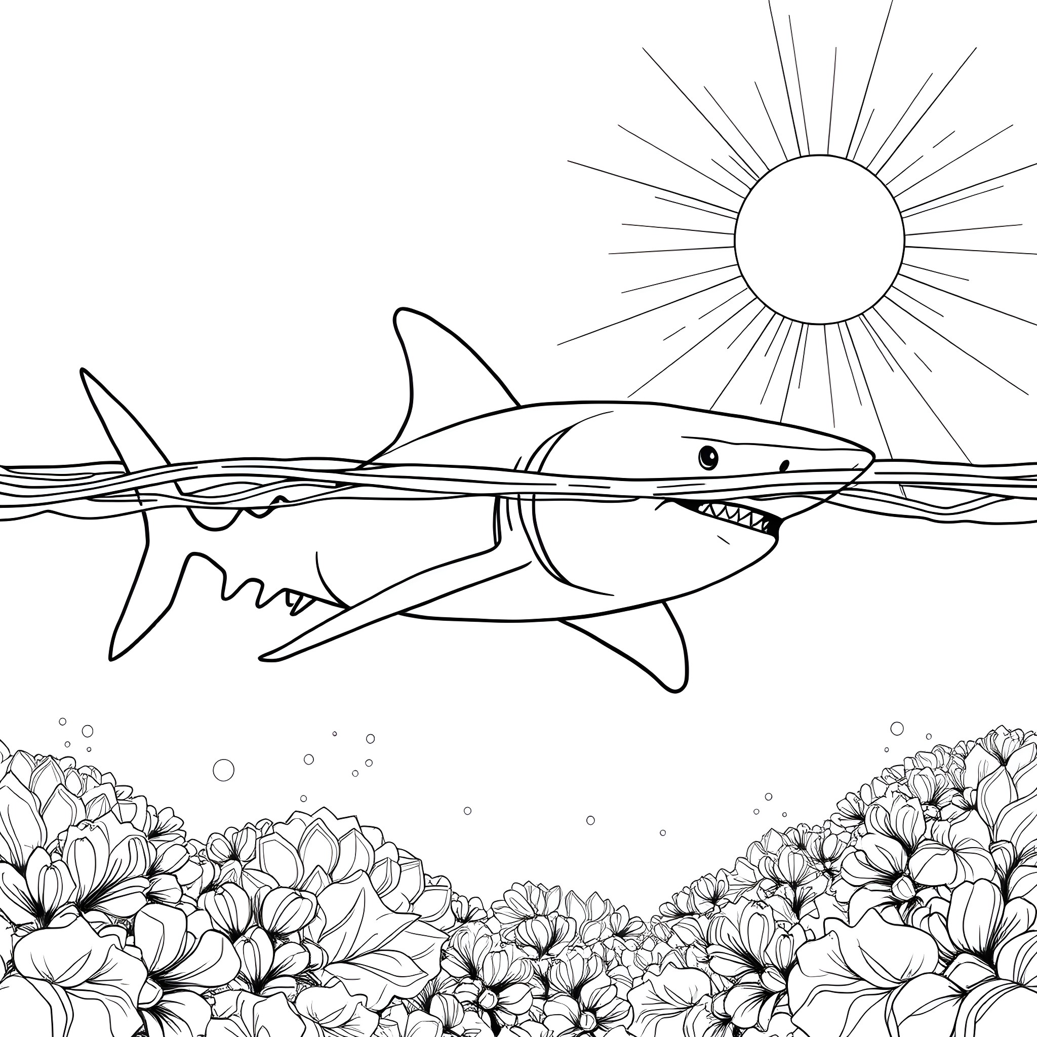 Shark swimming in the ocean under the sun Coloring Page (free black-and-white line drawing printable PDF for all, from beginners to advanced learners, including children, teens, adults, and seniors)