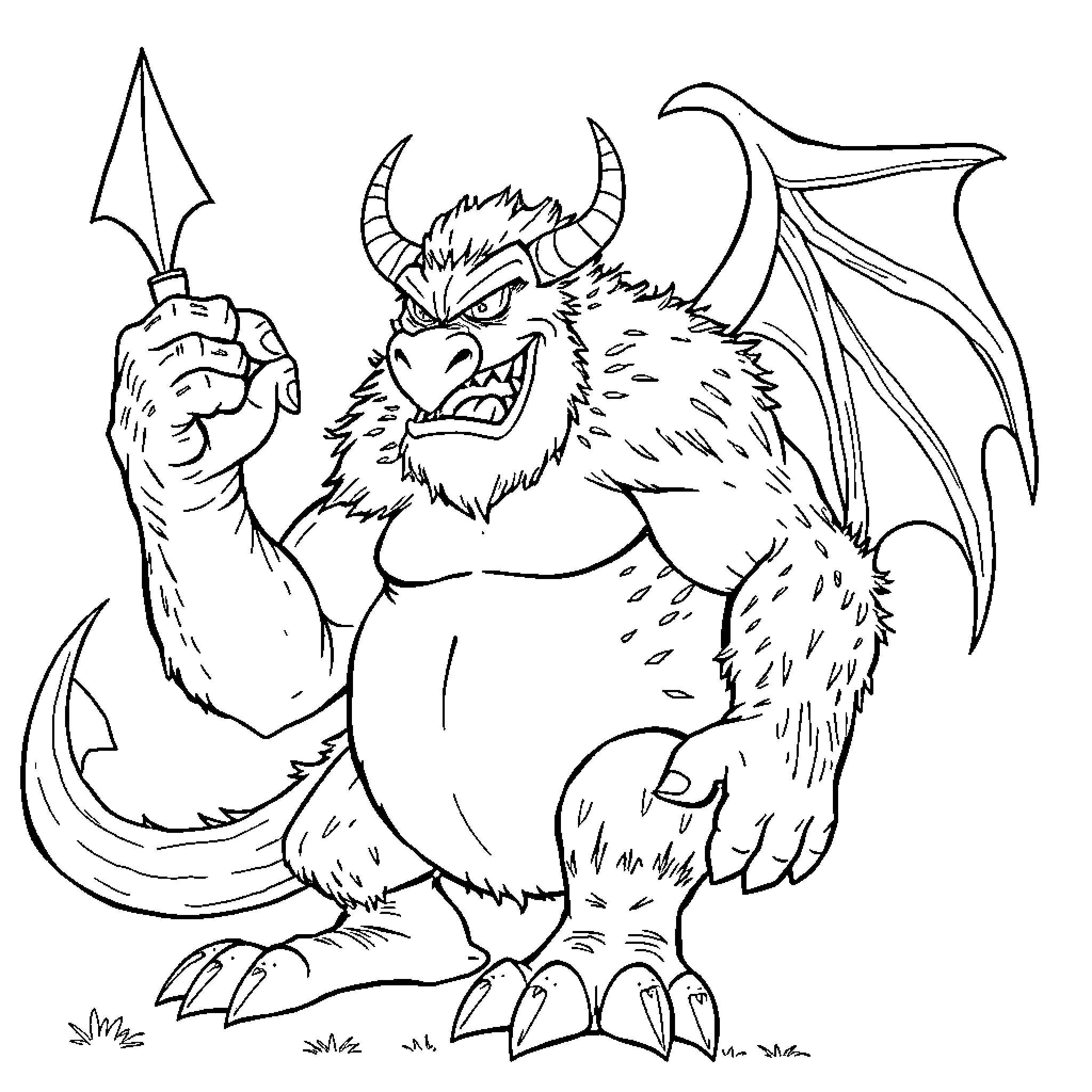Monster creature wielding a spear in threatening pose Coloring Page (free black-and-white line drawing printable PDF for all, from beginners to advanced learners, including children, teens, adults, and seniors)