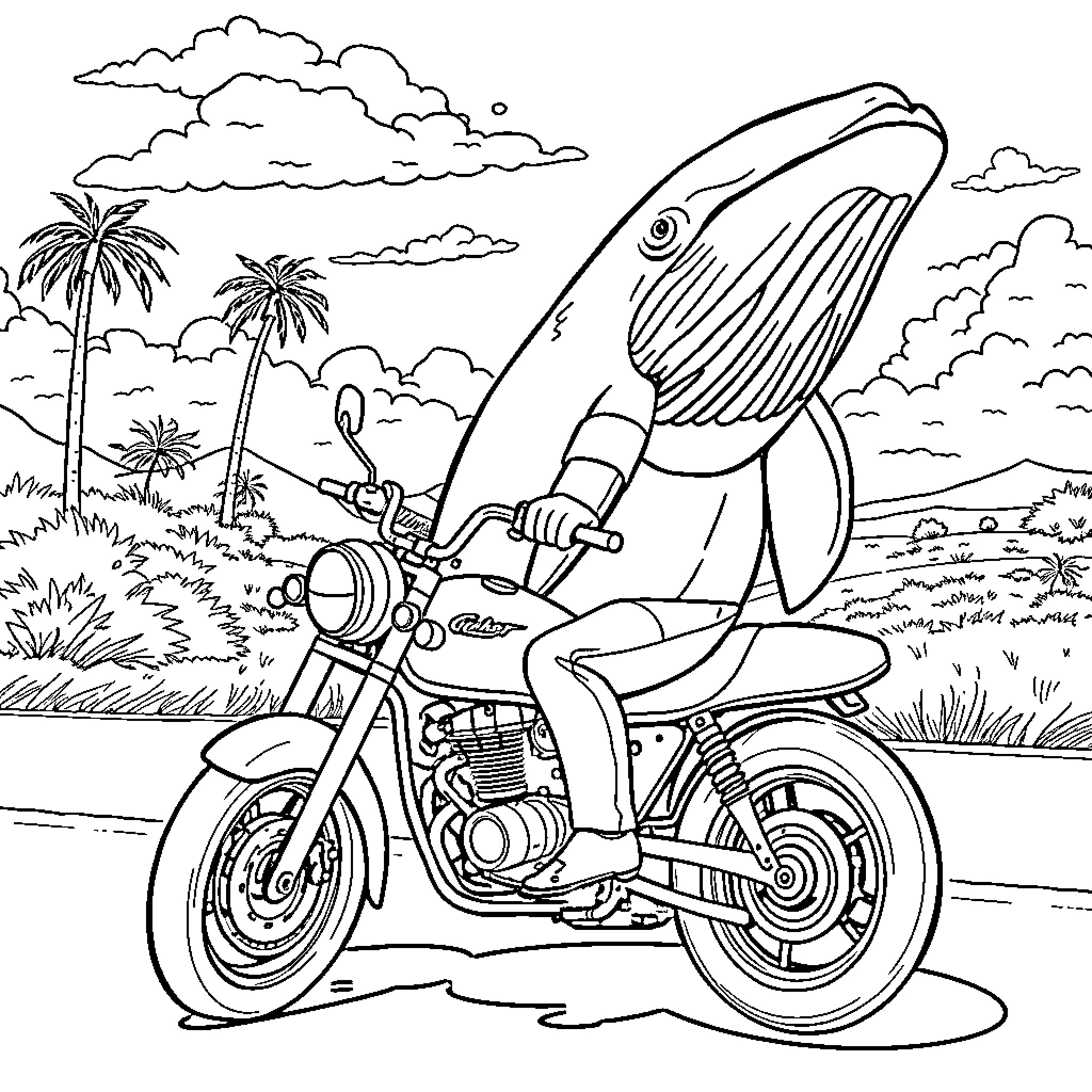 Humpback Whale riding a motorcycle through a tropical landscape Coloring Page (free black-and-white line drawing printable PDF for all, from beginners to advanced learners, including children, teens, adults, and seniors)