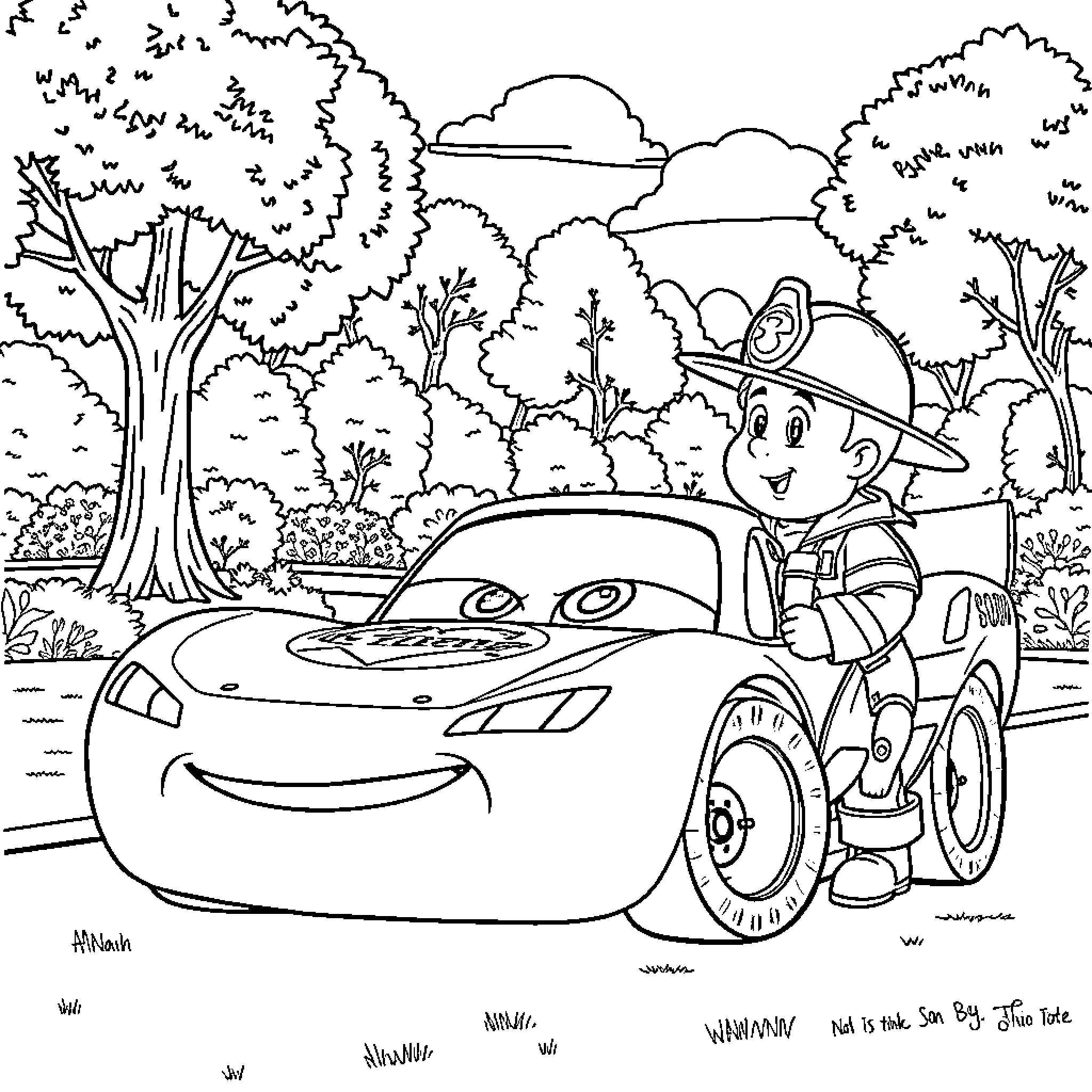 Lightning McQueen and his friend explore the forest Coloring Page (free black-and-white line drawing printable PDF for all, from beginners to advanced learners, including children, teens, adults, and seniors)