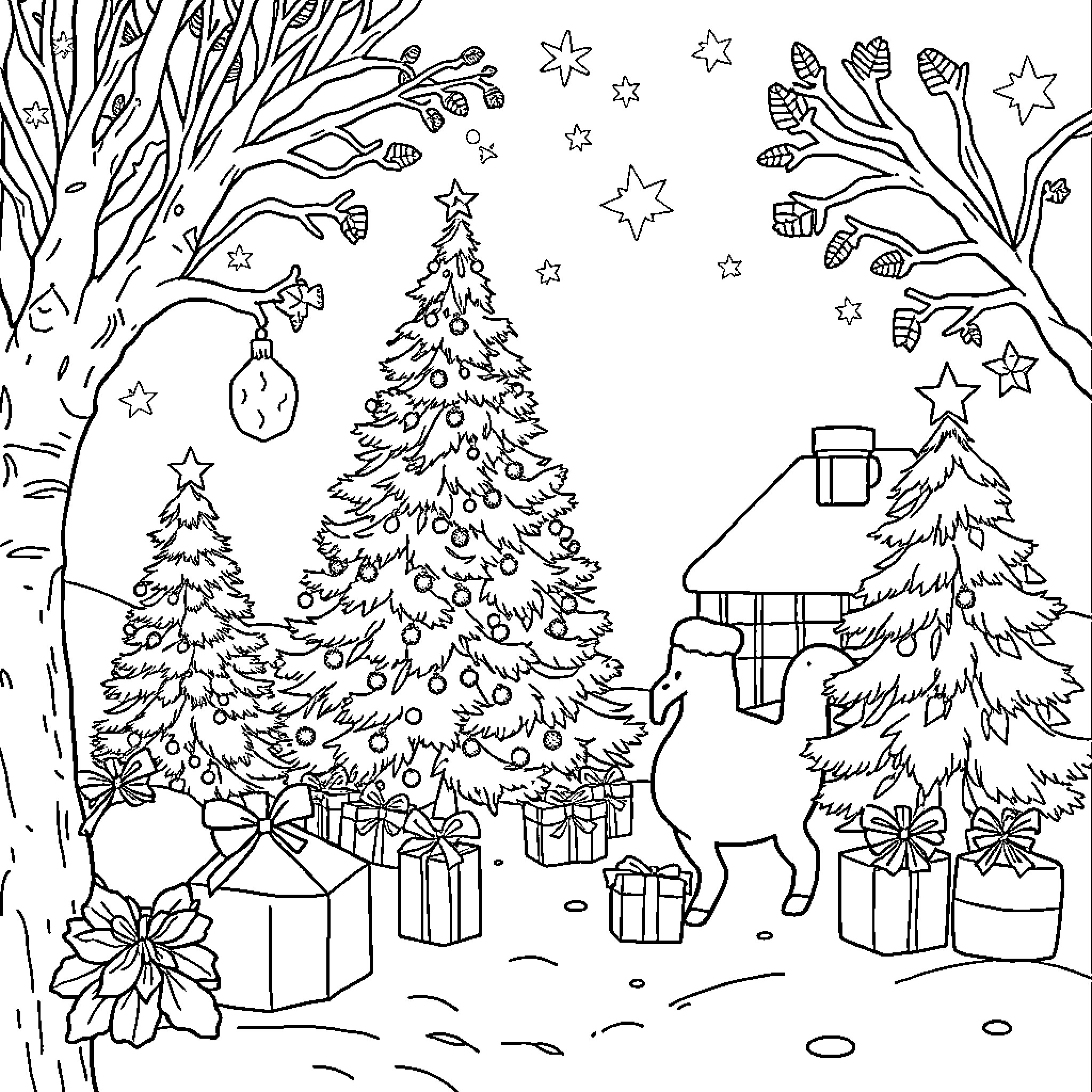 Christmas scene with decorated trees and gifts Coloring Page (free black-and-white line drawing printable PDF for all, from beginners to advanced learners, including children, teens, adults, and seniors)