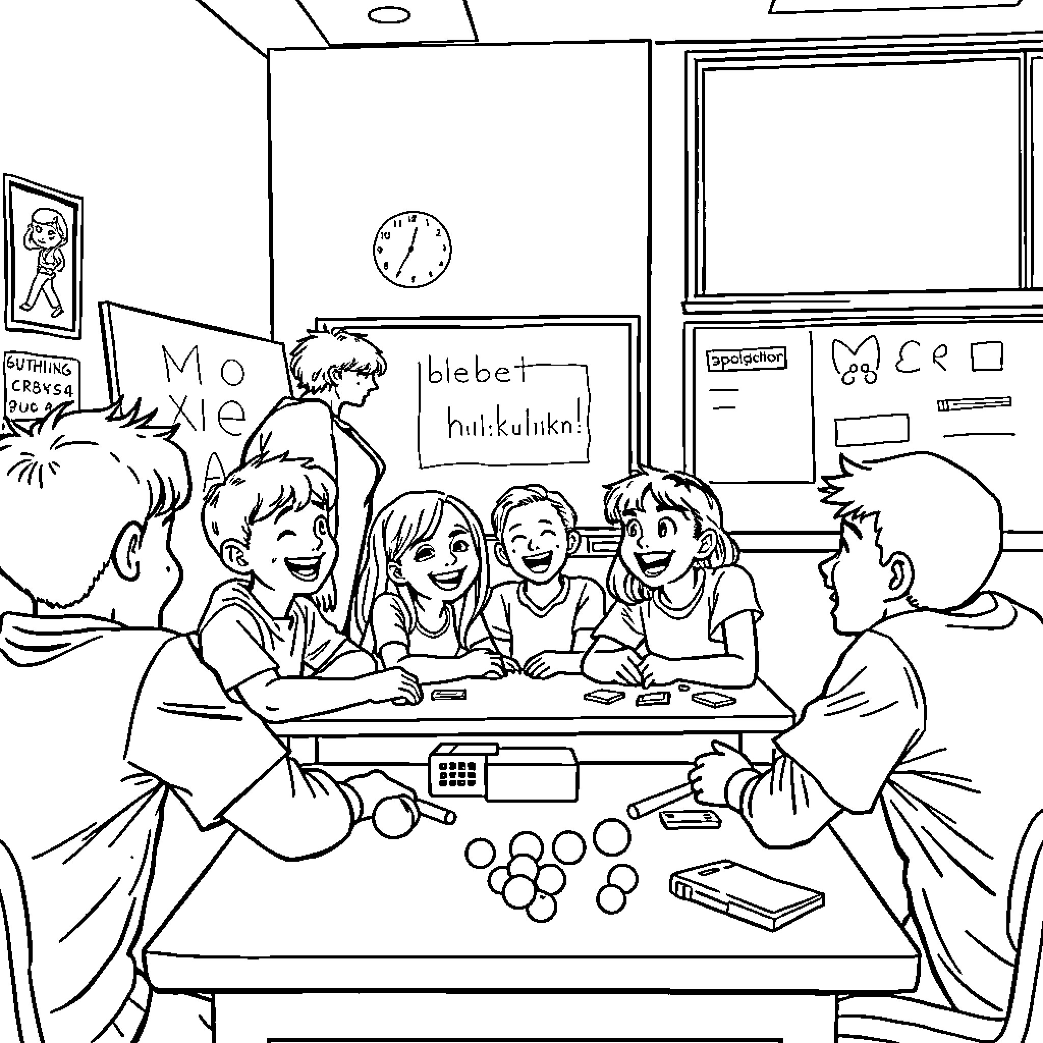 Students Engaged in Classroom Activities Coloring Page (free black-and-white line drawing printable PDF for all, from beginners to advanced learners, including children, teens, adults, and seniors)