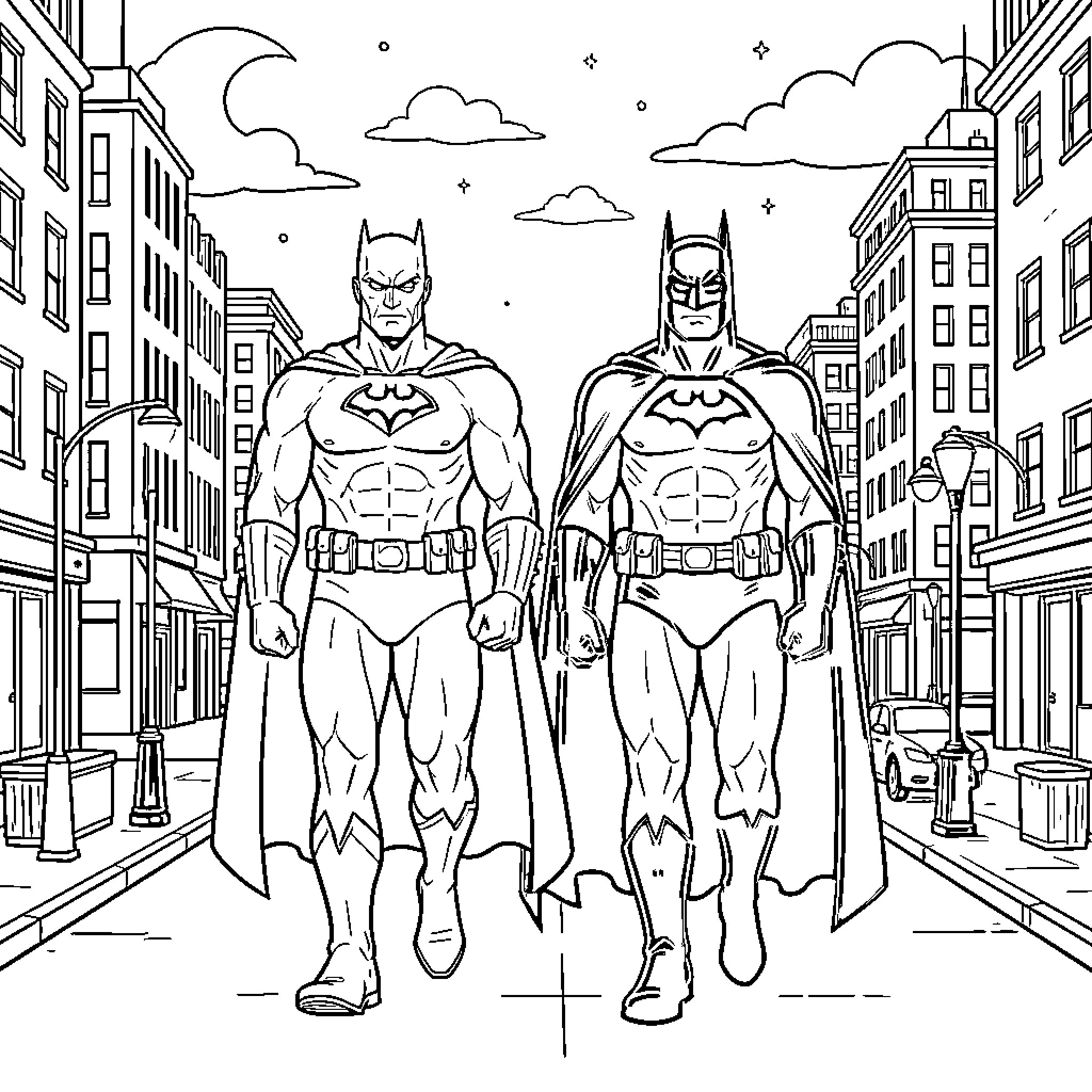 Marcus walking confidently through a city street in superhero suits Coloring Page (free black-and-white line drawing printable PDF for all, from beginners to advanced learners, including children, teens, adults, and seniors)