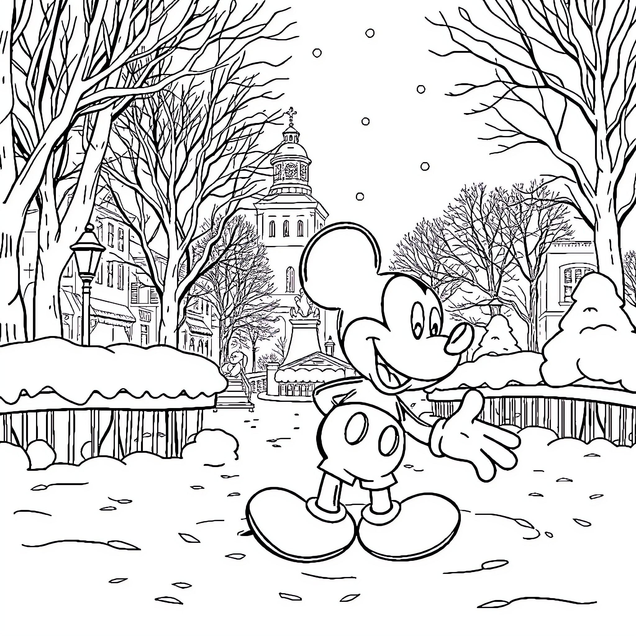 Mickey Mouse enjoying a winter wonderland Coloring Page (free black-and-white line drawing printable PDF for all, from beginners to advanced learners, including children, teens, adults, and seniors)