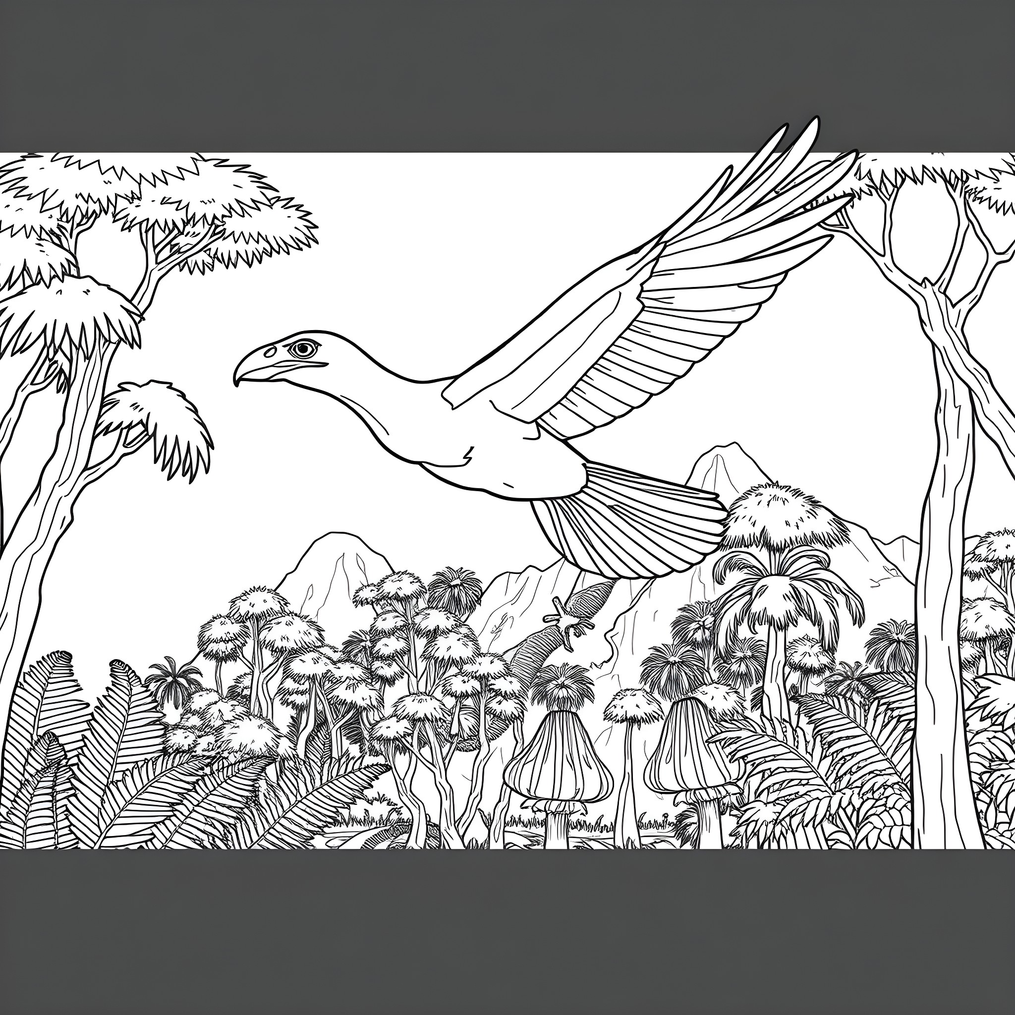 Bird soaring over lush jungle with flourishing plants Coloring Page (free black-and-white line drawing printable PDF for all, from beginners to advanced learners, including children, teens, adults, and seniors)