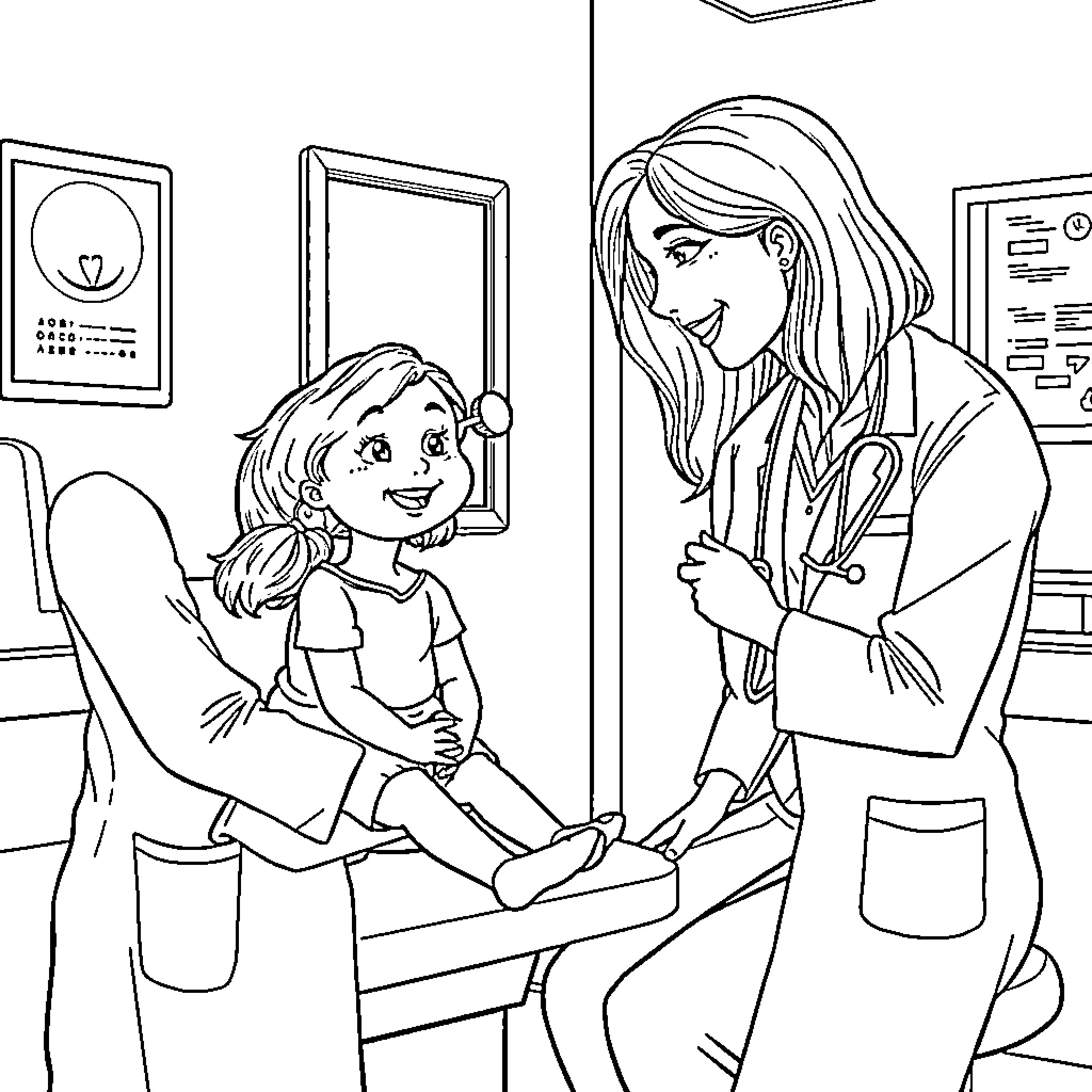 Doctor examining young patient in medical office Coloring Page (free black-and-white line drawing printable PDF for all, from beginners to advanced learners, including children, teens, adults, and seniors)