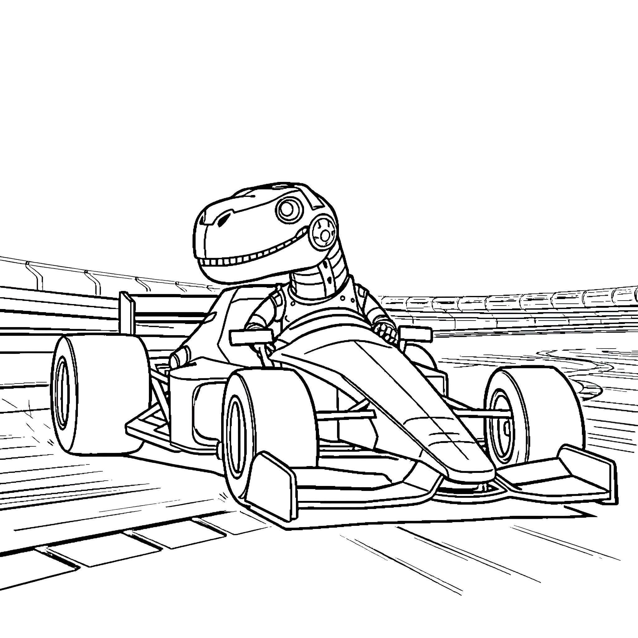 Robot Dinosaur Racer on Race Track Coloring Page (free black-and-white line drawing printable PDF for all, from beginners to advanced learners, including children, teens, adults, and seniors)