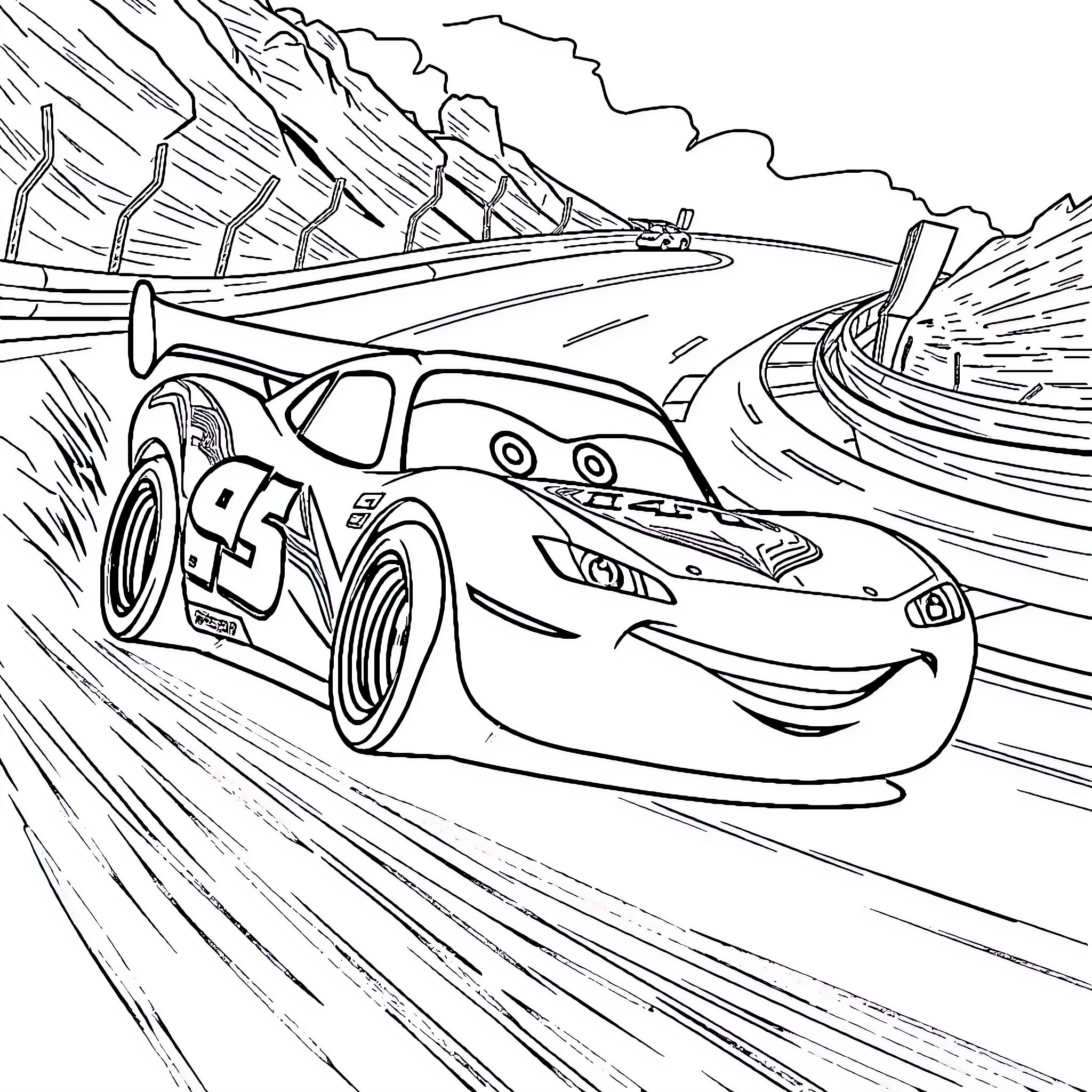 Flash McQueen racing on winding road Coloring Page (free black-and-white line drawing printable PDF for all, from beginners to advanced learners, including children, teens, adults, and seniors)