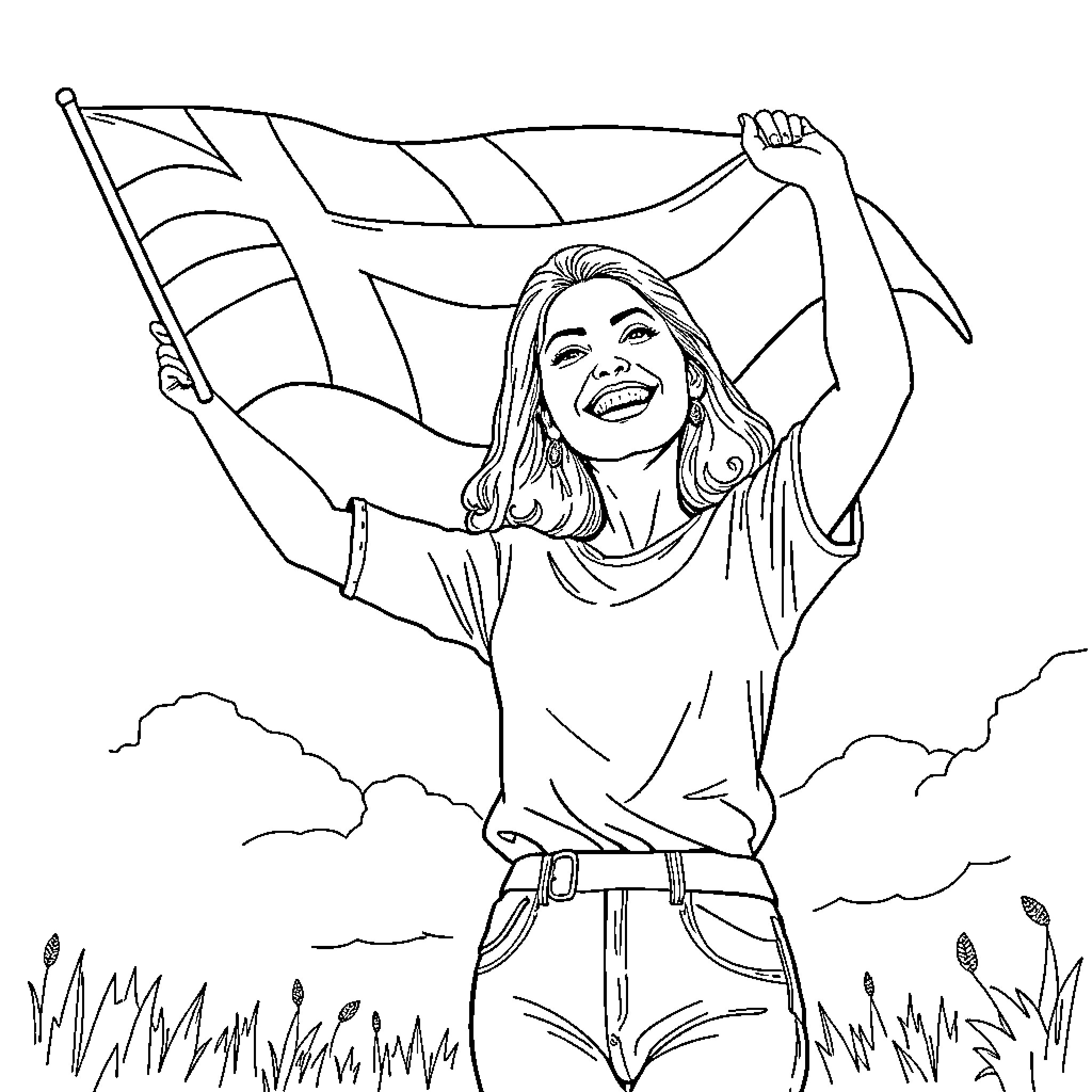 Woman celebrating with waving flag Coloring Page (free black-and-white line drawing printable PDF for all, from beginners to advanced learners, including children, teens, adults, and seniors)