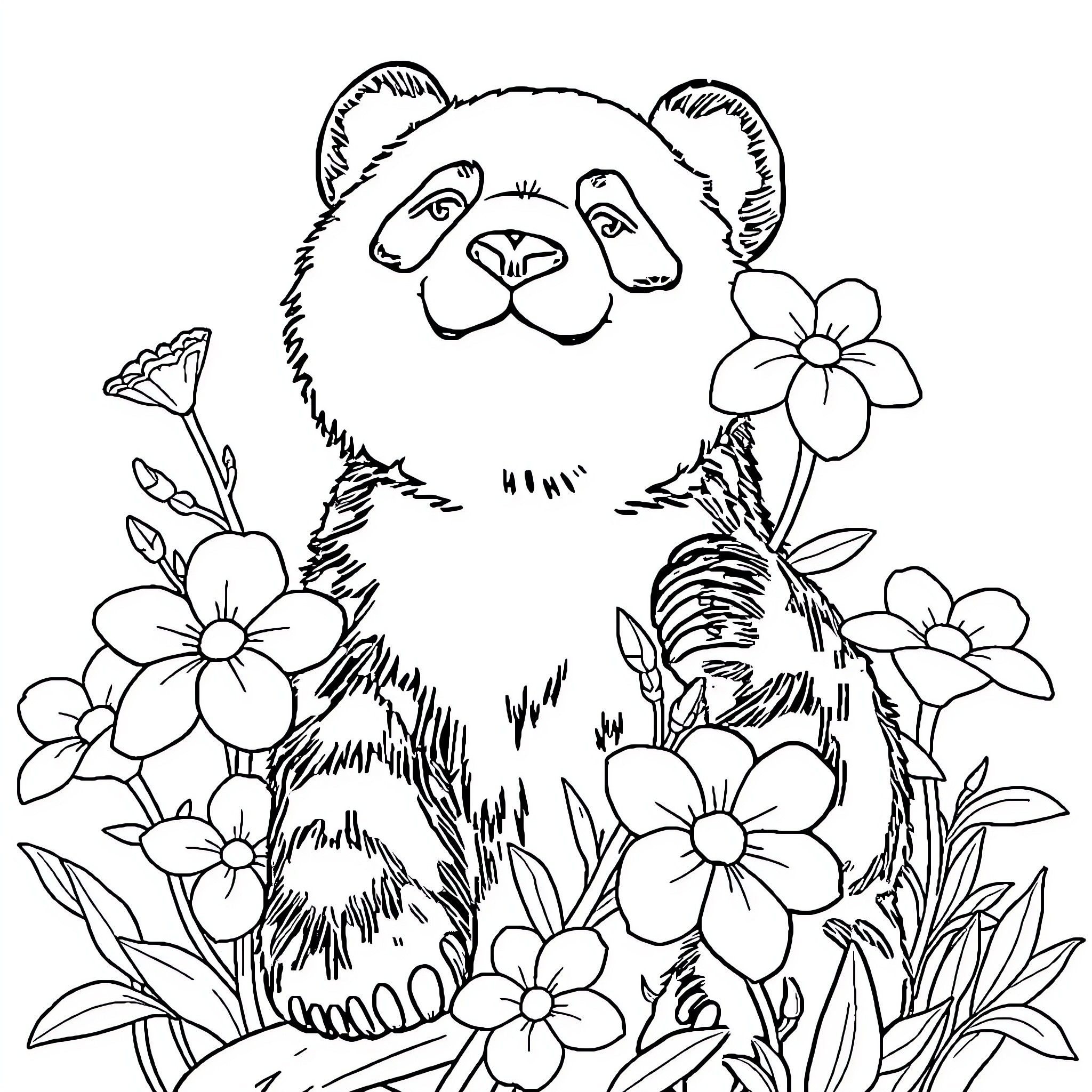 Panda surrounded by blooming flowers Coloring Page (free black-and-white line drawing printable PDF for all, from beginners to advanced learners, including children, teens, adults, and seniors)