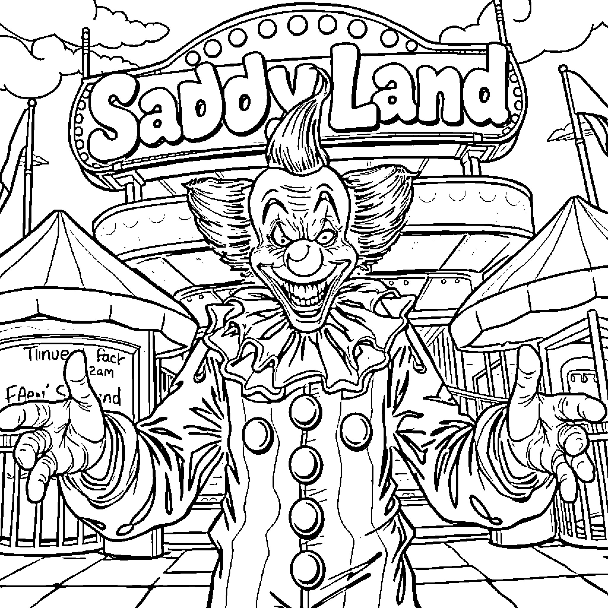 Clown entertains visitors in Scary Land Coloring Page (free black-and-white line drawing printable PDF for all, from beginners to advanced learners, including children, teens, adults, and seniors)