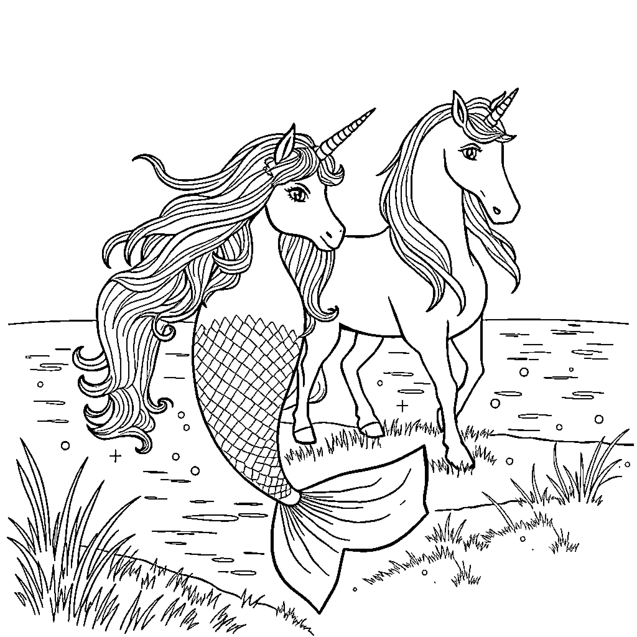 Mermaid Unicorns Swimming in the Enchanted Waters Coloring Page (free black-and-white line drawing printable PDF for all, from beginners to advanced learners, including children, teens, adults, and seniors)