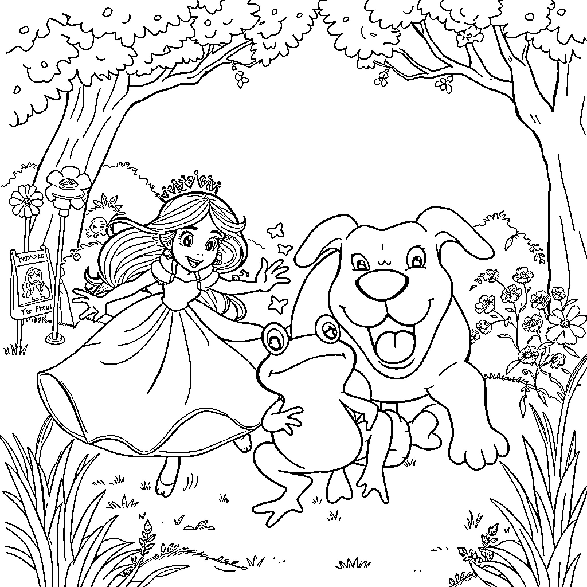 Princess and her Pet Companions in the Enchanted Forest Coloring Page (free black-and-white line drawing printable PDF for all, from beginners to advanced learners, including children, teens, adults, and seniors)