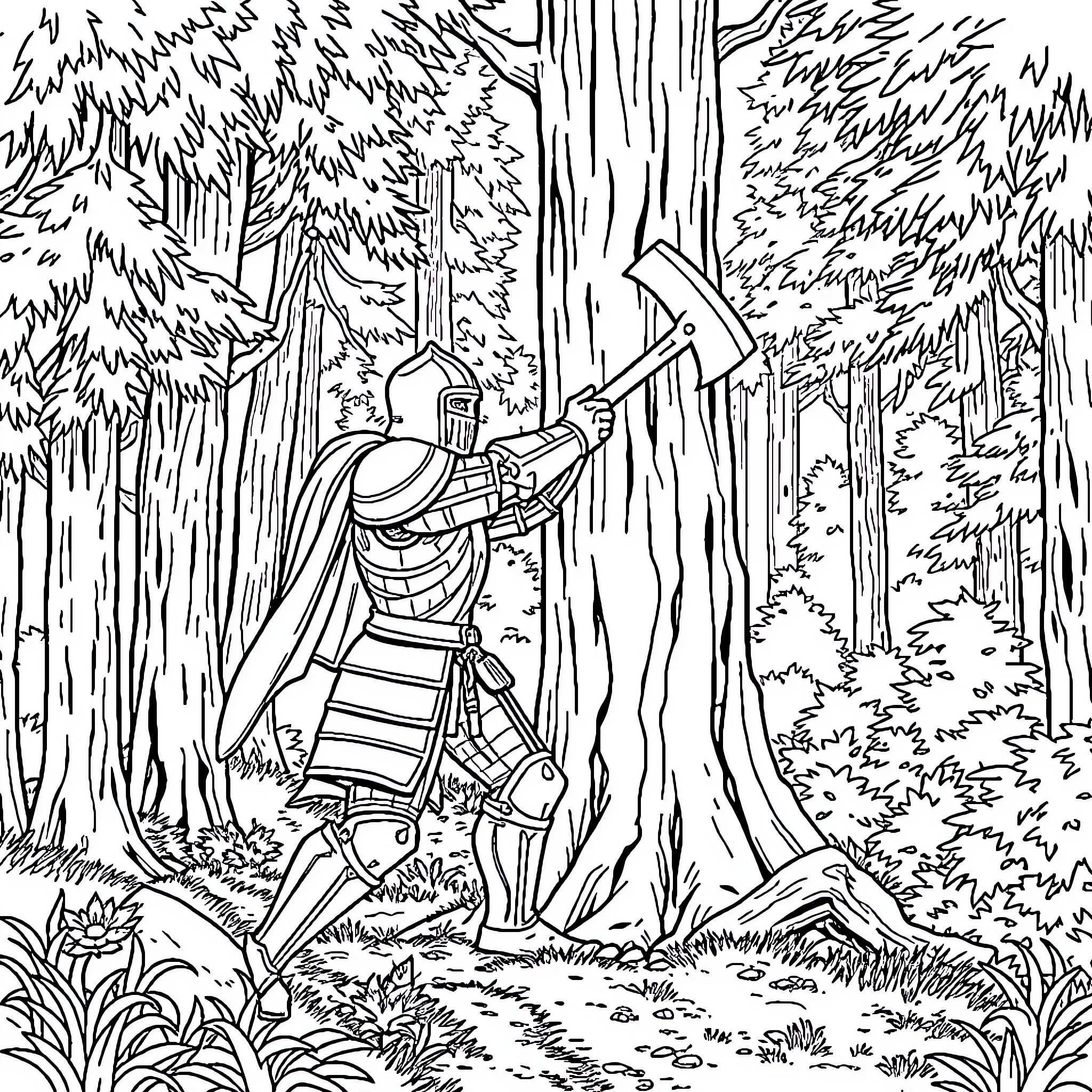 Knight exploring the enchanted forest Coloring Page (free black-and-white line drawing printable PDF for all, from beginners to advanced learners, including children, teens, adults, and seniors)