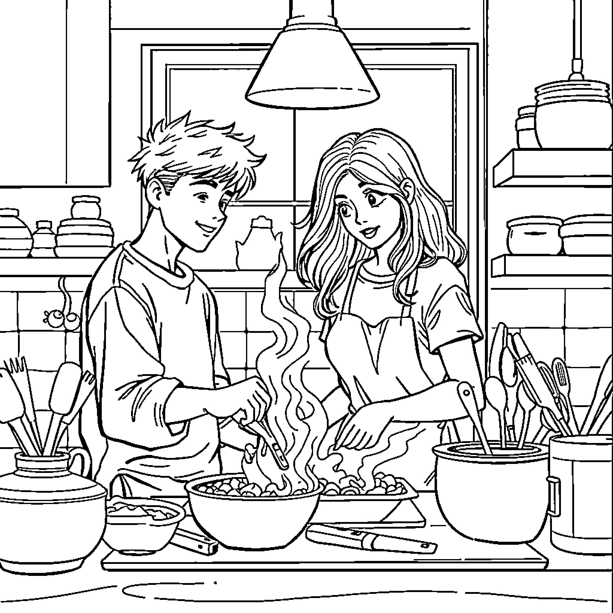 Friend cooking together in the kitchen Coloring Page (free black-and-white line drawing printable PDF for all, from beginners to advanced learners, including children, teens, adults, and seniors)