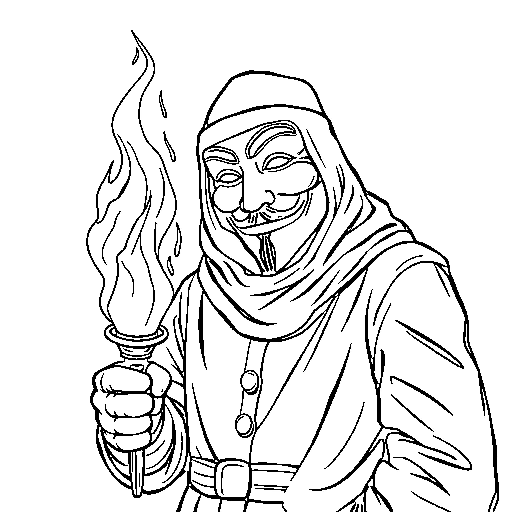 Guy Fawkes holding fiery torch in dramatic pose Coloring Page (free black-and-white line drawing printable PDF for all, from beginners to advanced learners, including children, teens, adults, and seniors)