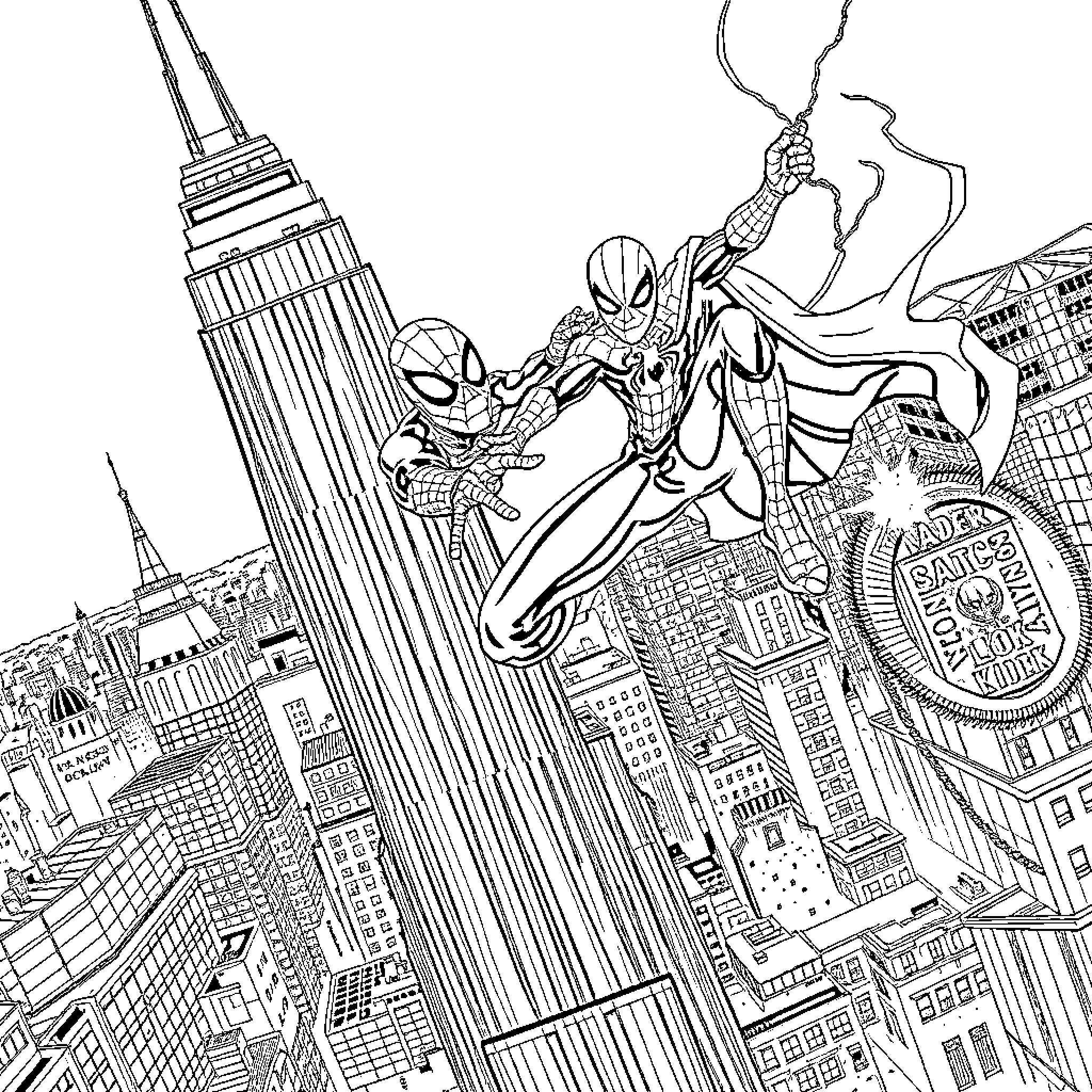 Spiderman swinging through the skyscrapers of the city Coloring Page (free black-and-white line drawing printable PDF for all, from beginners to advanced learners, including children, teens, adults, and seniors)