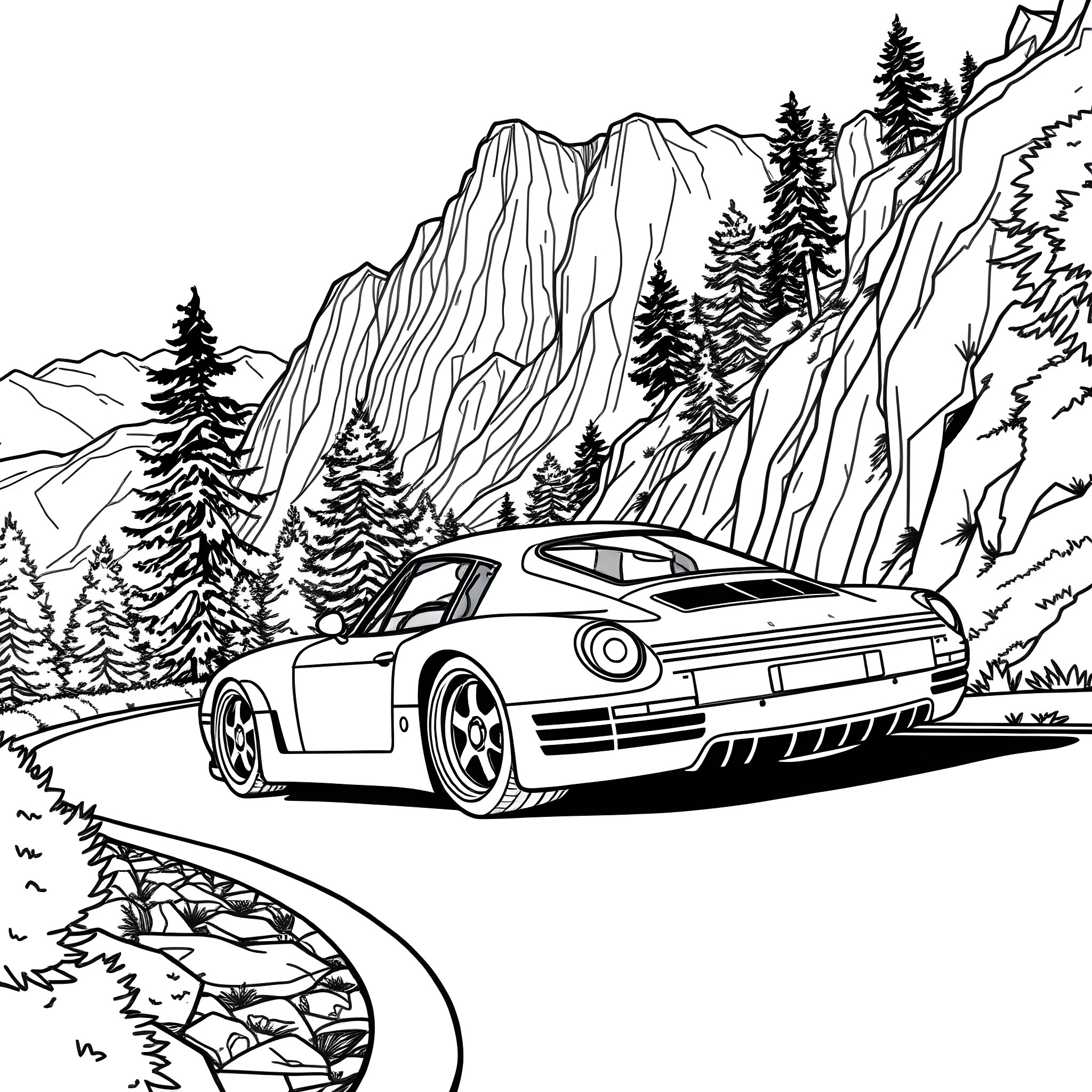 Porsche sports car driving through mountain landscape Coloring Page (free black-and-white line drawing printable PDF for all, from beginners to advanced learners, including children, teens, adults, and seniors)