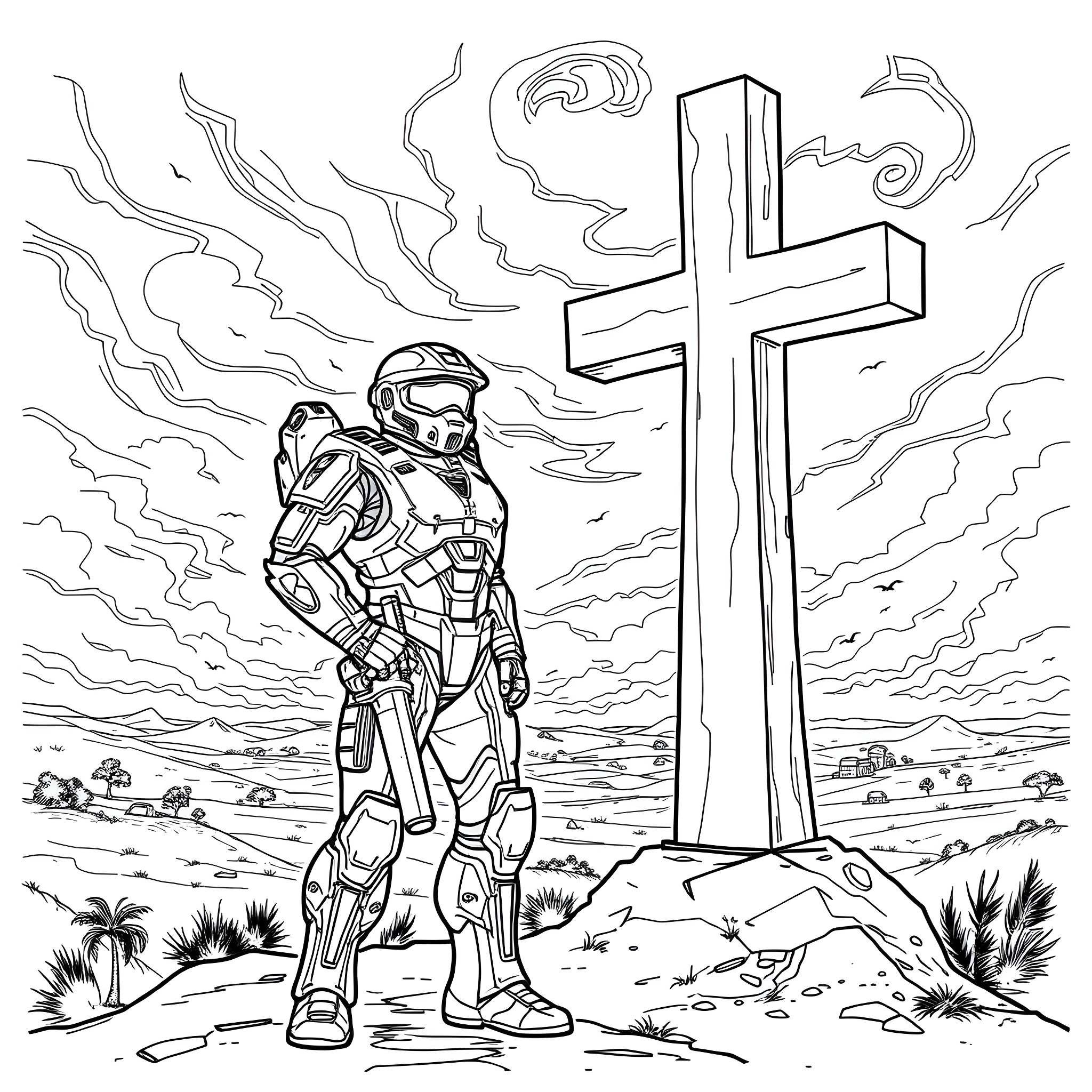 Master Chief standing before a large cross in a desert landscape Coloring Page (free black-and-white line drawing printable PDF for all, from beginners to advanced learners, including children, teens, adults, and seniors)