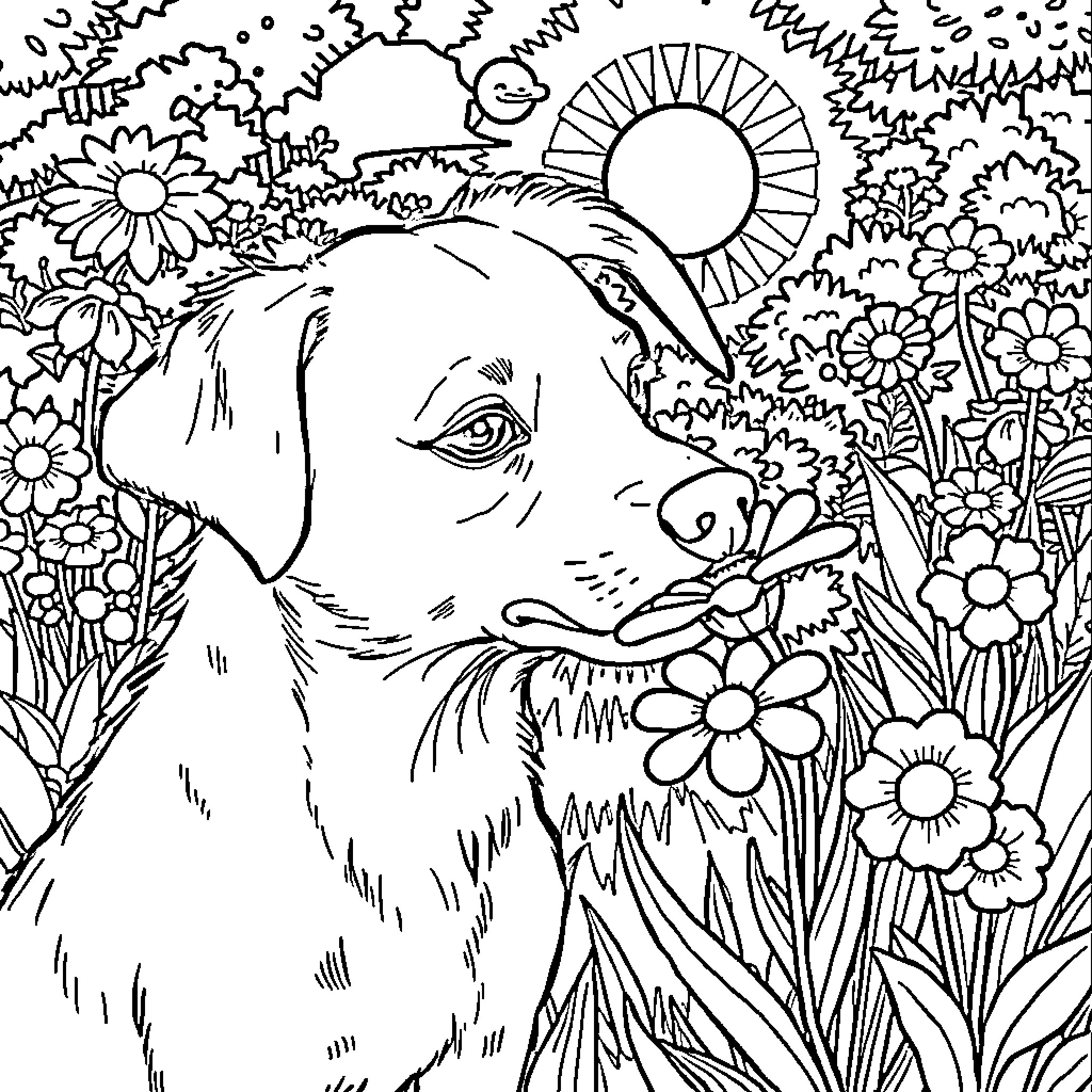 Dog enjoying the flowery garden Coloring Page (free black-and-white line drawing printable PDF for all, from beginners to advanced learners, including children, teens, adults, and seniors)