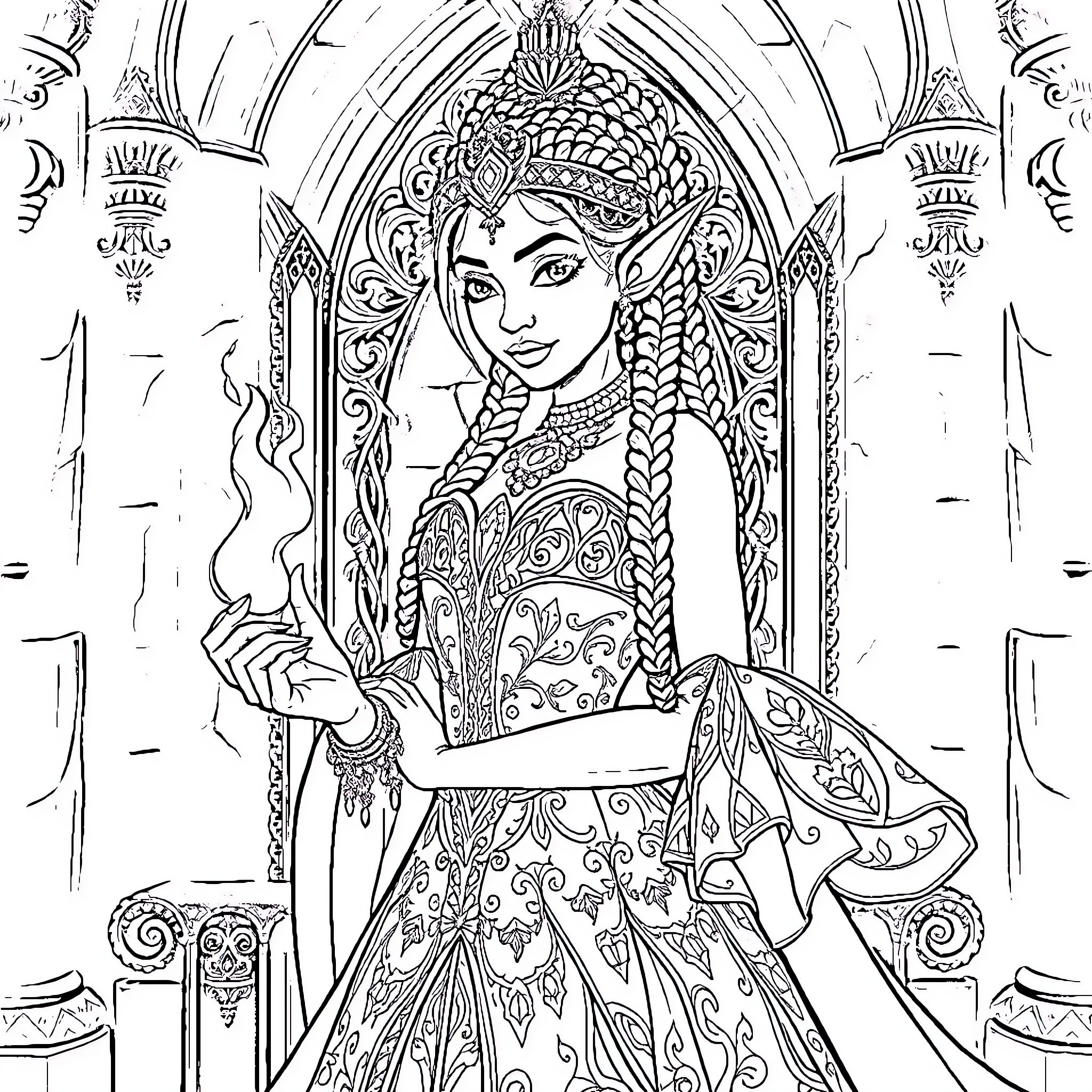 Elf princess in ornate, detailed throne room Coloring Page (free black-and-white line drawing printable PDF for all, from beginners to advanced learners, including children, teens, adults, and seniors)