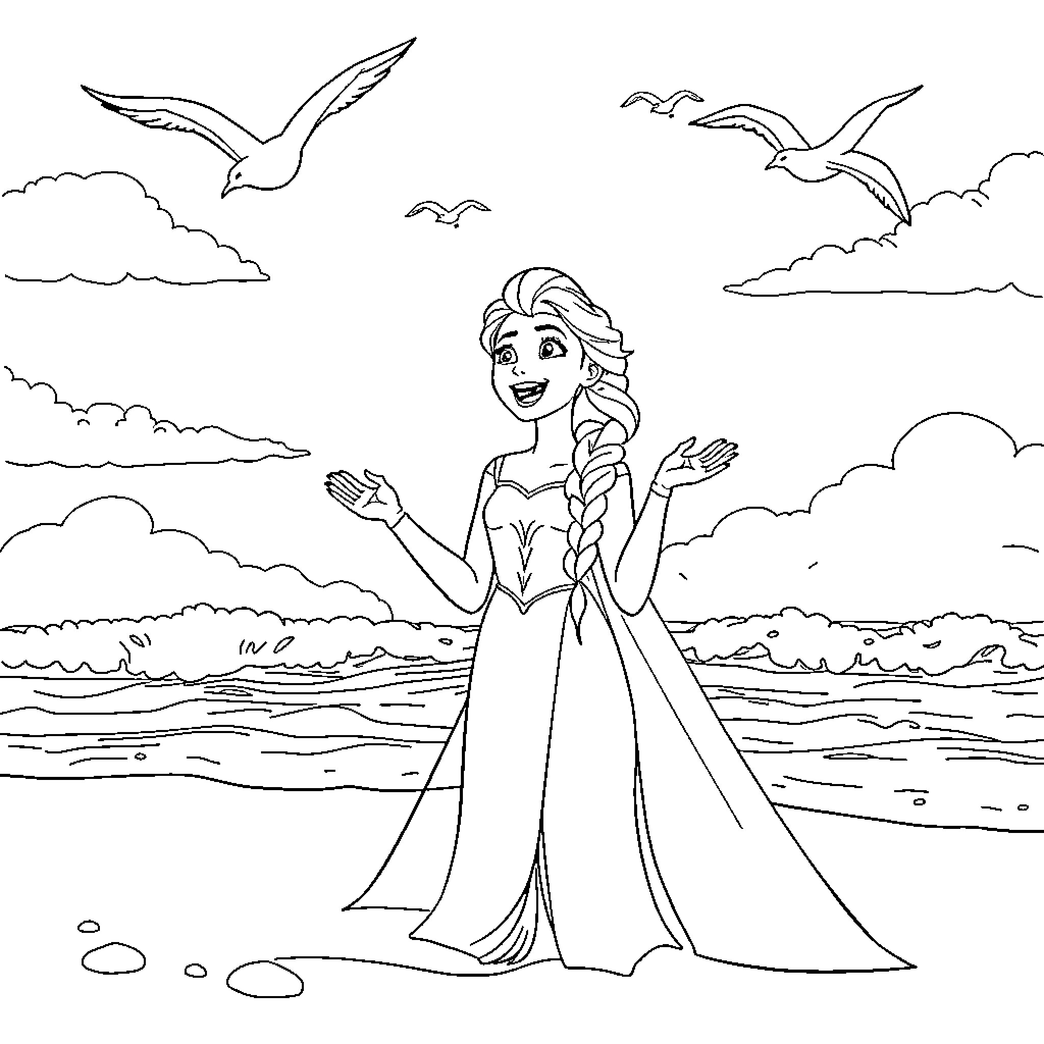 Elsa enjoying the serene beach scenery Coloring Page (free black-and-white line drawing printable PDF for all, from beginners to advanced learners, including children, teens, adults, and seniors)