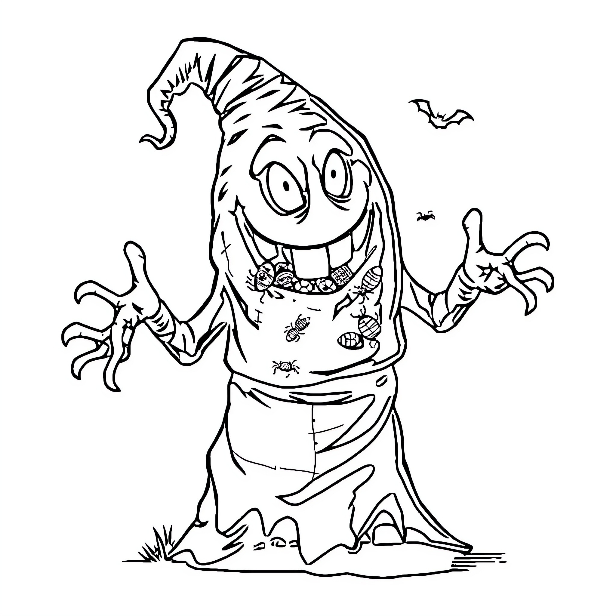 Oogie Boogie delightfully dancing with bats Coloring Page (free black-and-white line drawing printable PDF for all, from beginners to advanced learners, including children, teens, adults, and seniors)