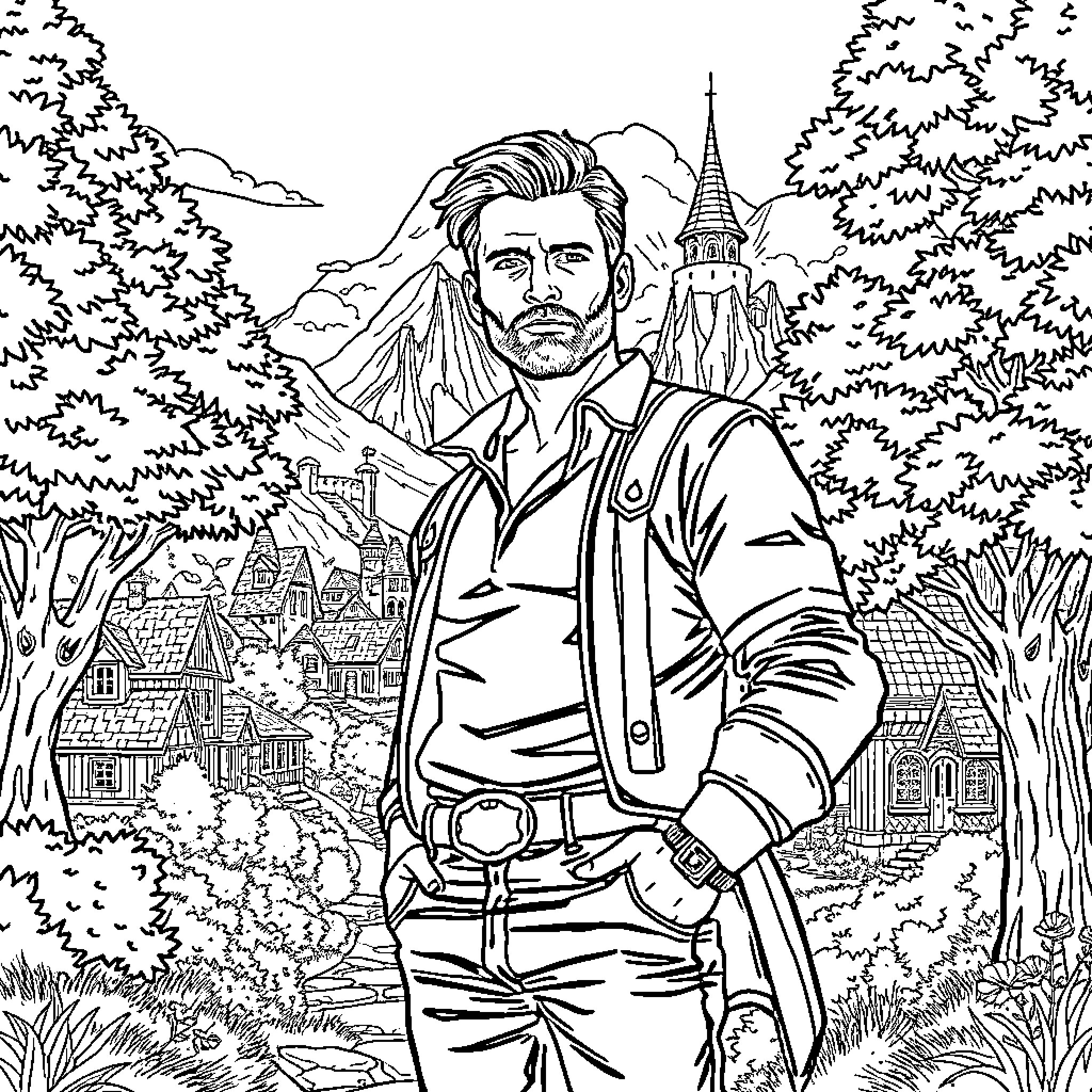 Henry Cavill in a pensive pose amidst a picturesque landscape Coloring Page (free black-and-white line drawing printable PDF for all, from beginners to advanced learners, including children, teens, adults, and seniors)