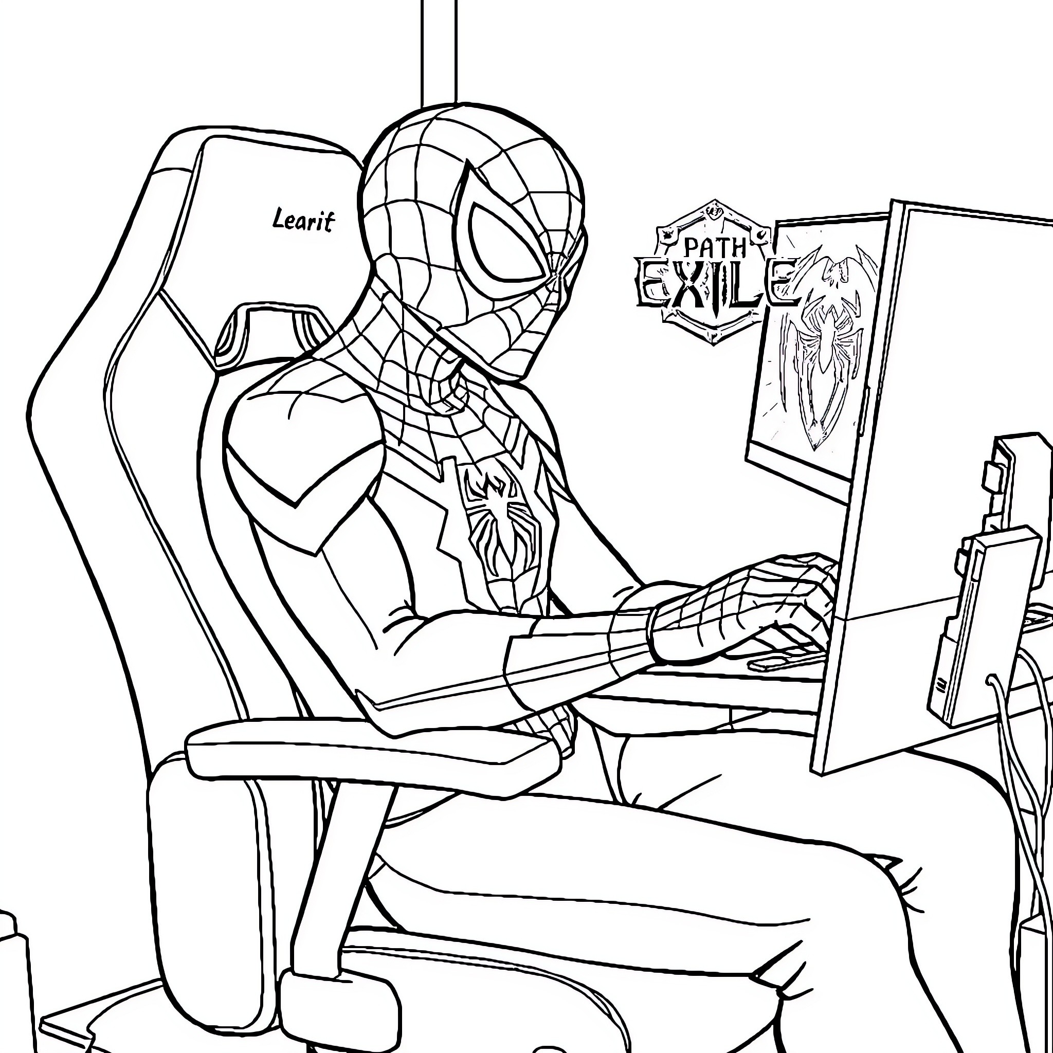 Spiderman playing video game in his bedroom Coloring Page (free black-and-white line drawing printable PDF for all, from beginners to advanced learners, including children, teens, adults, and seniors)