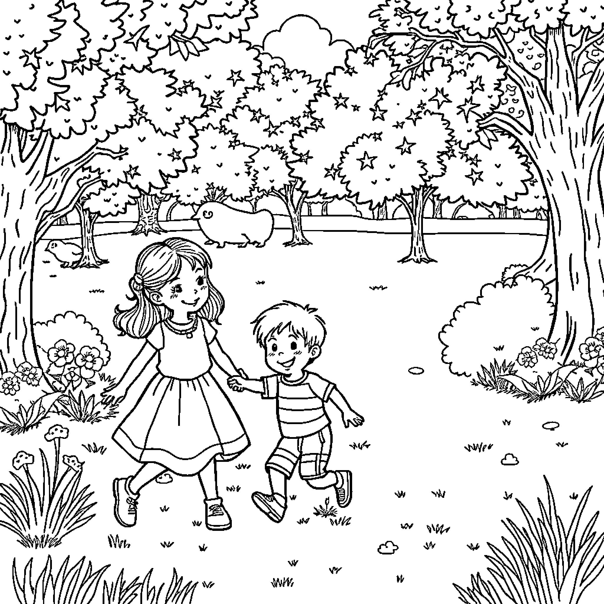 Child playing in enchanted forest with friend Coloring Page (free black-and-white line drawing printable PDF for all, from beginners to advanced learners, including children, teens, adults, and seniors)