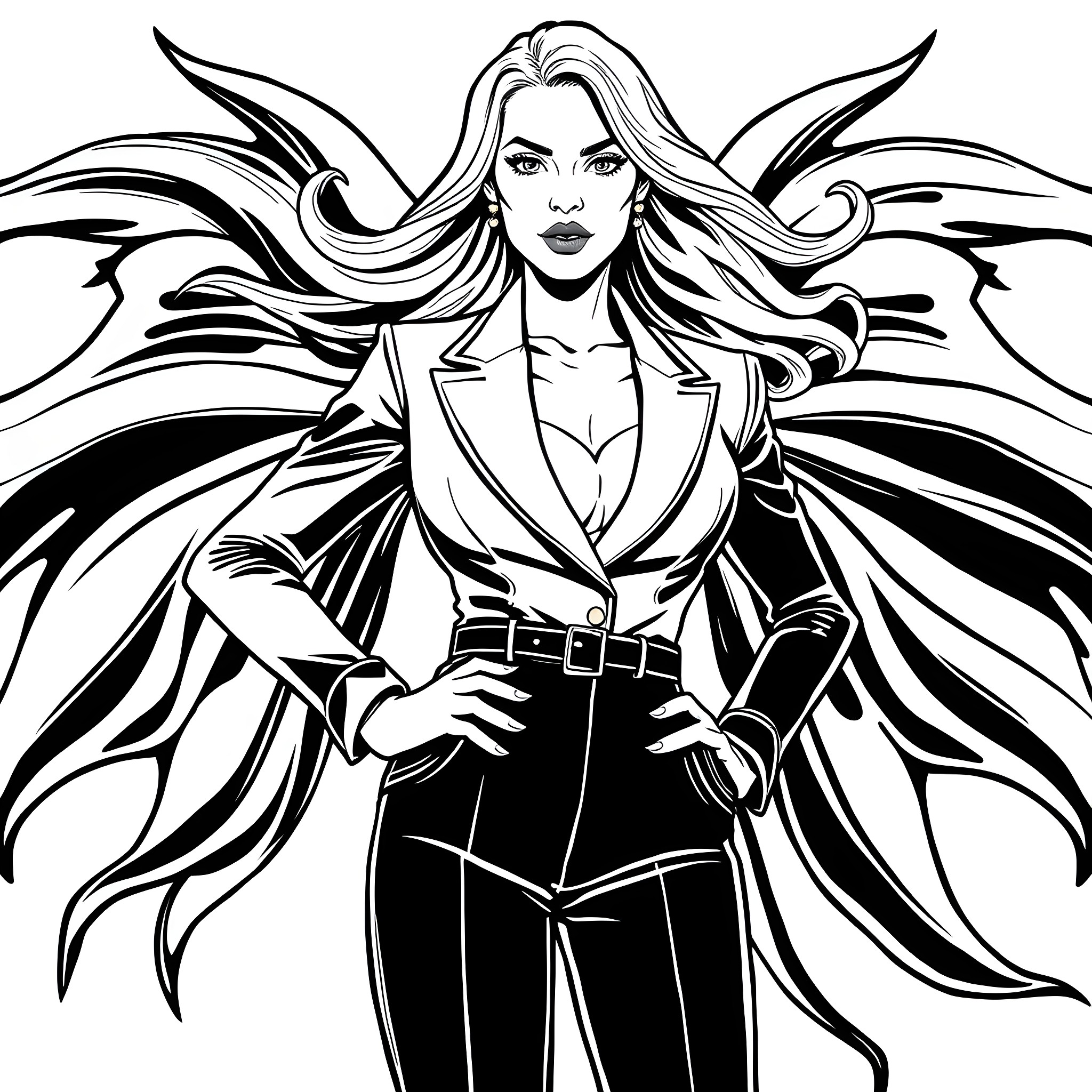 Lady with powerful winged appearance in stylish attire Coloring Page (free black-and-white line drawing printable PDF for all, from beginners to advanced learners, including children, teens, adults, and seniors)