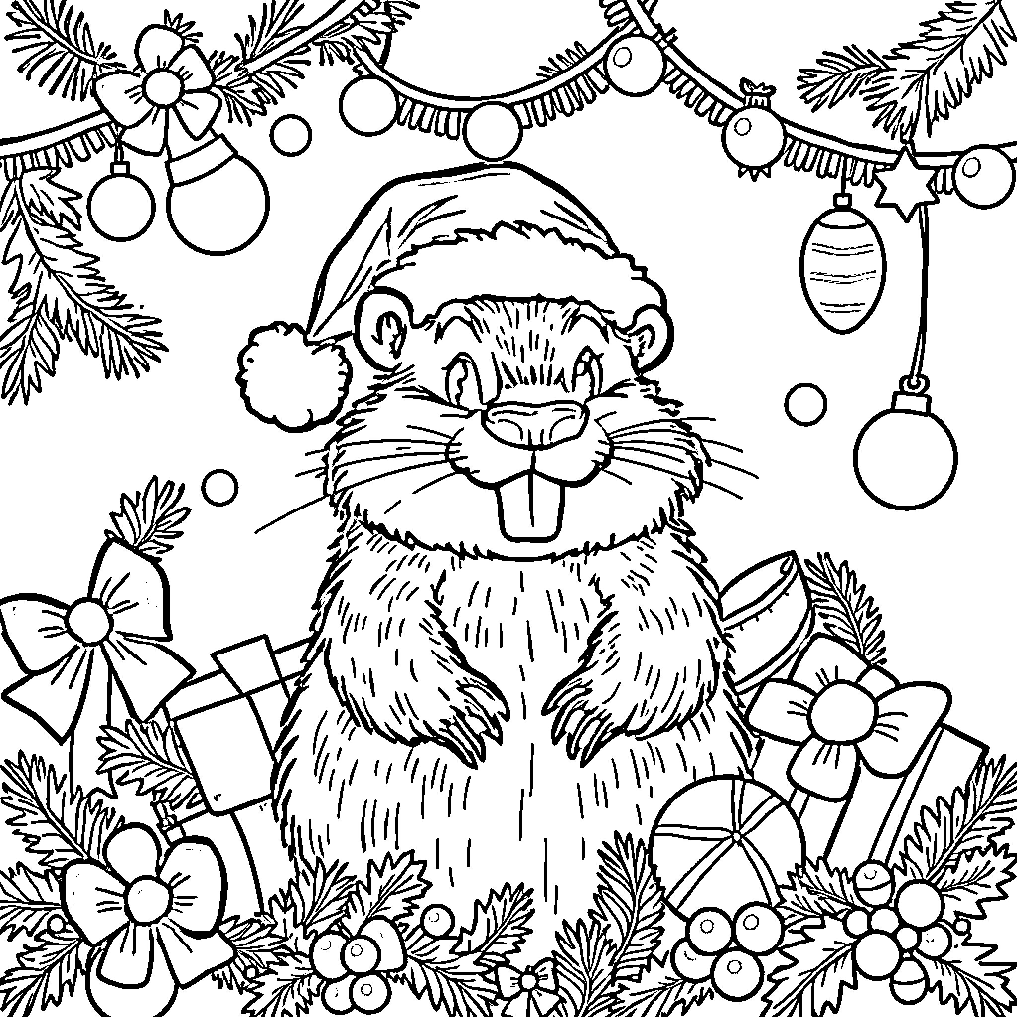 Beaver decorating for the holidays Coloring Page (free black-and-white line drawing printable PDF for all, from beginners to advanced learners, including children, teens, adults, and seniors)