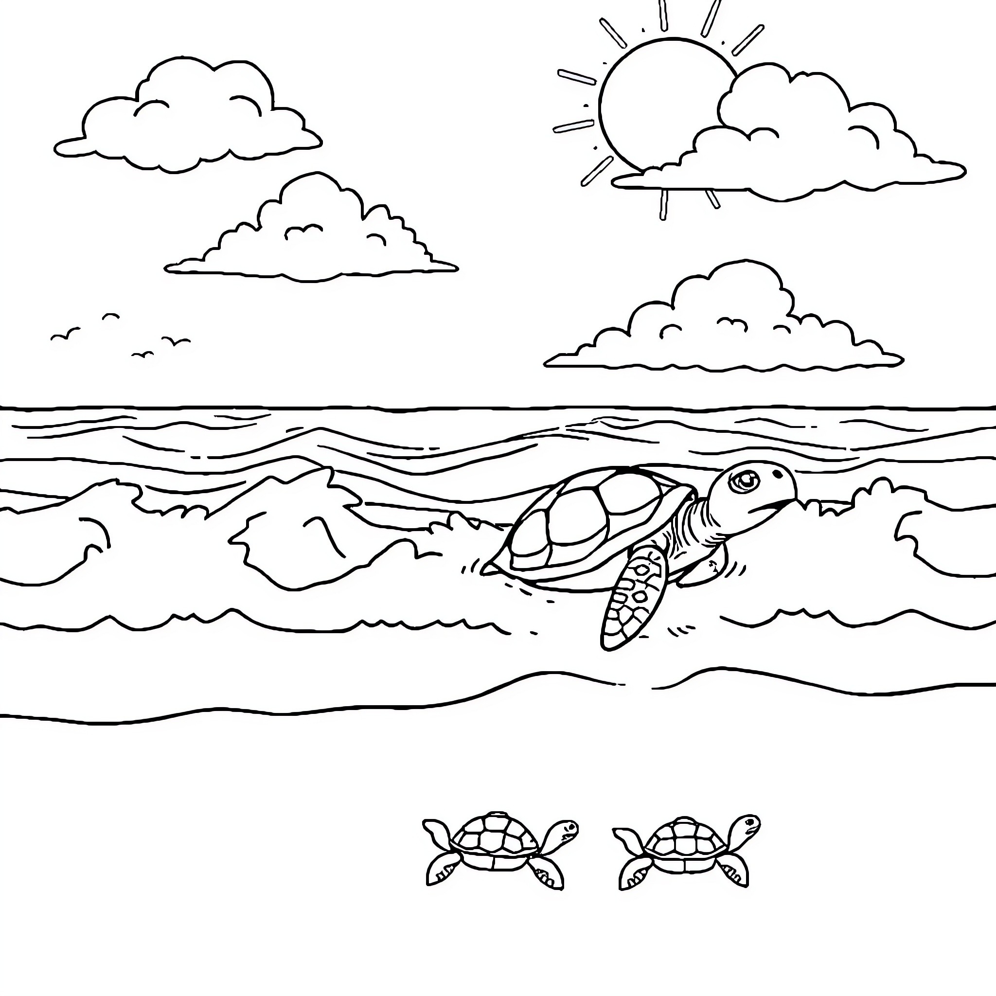 Turtle swimming in the ocean Coloring Page (free black-and-white line drawing printable PDF for all, from beginners to advanced learners, including children, teens, adults, and seniors)