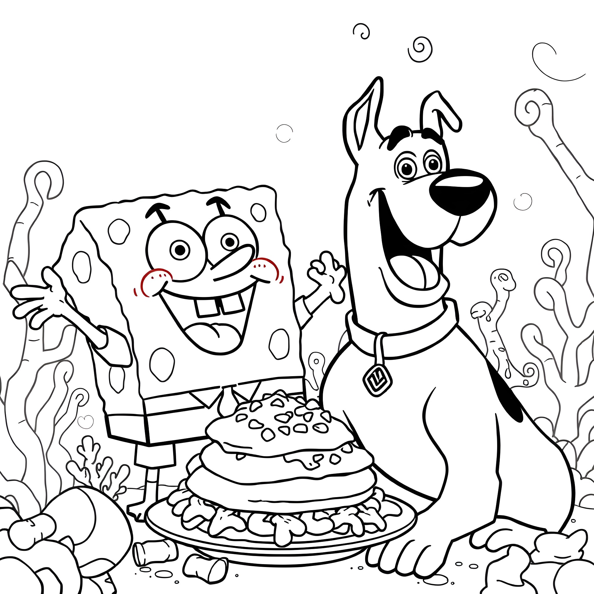 Scooby Doo and SpongeBob having a party under the sea Coloring Page (free black-and-white line drawing printable PDF for all, from beginners to advanced learners, including children, teens, adults, and seniors)