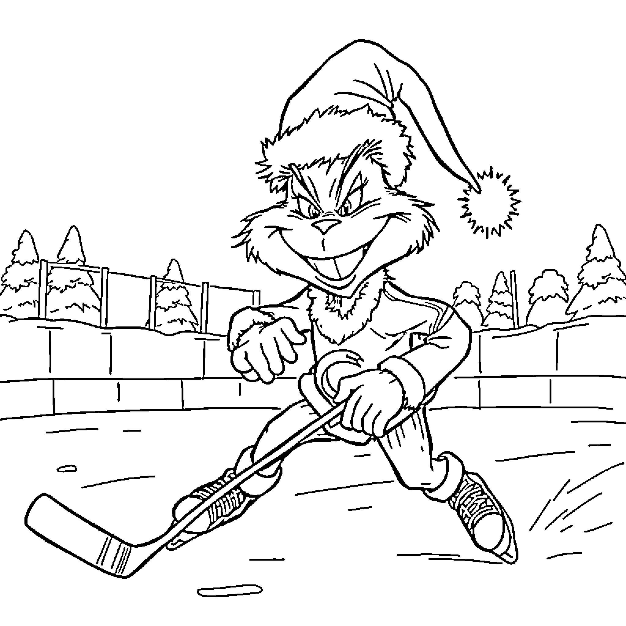 Grinch skating mischievously on the ice Coloring Page (free black-and-white line drawing printable PDF for all, from beginners to advanced learners, including children, teens, adults, and seniors)