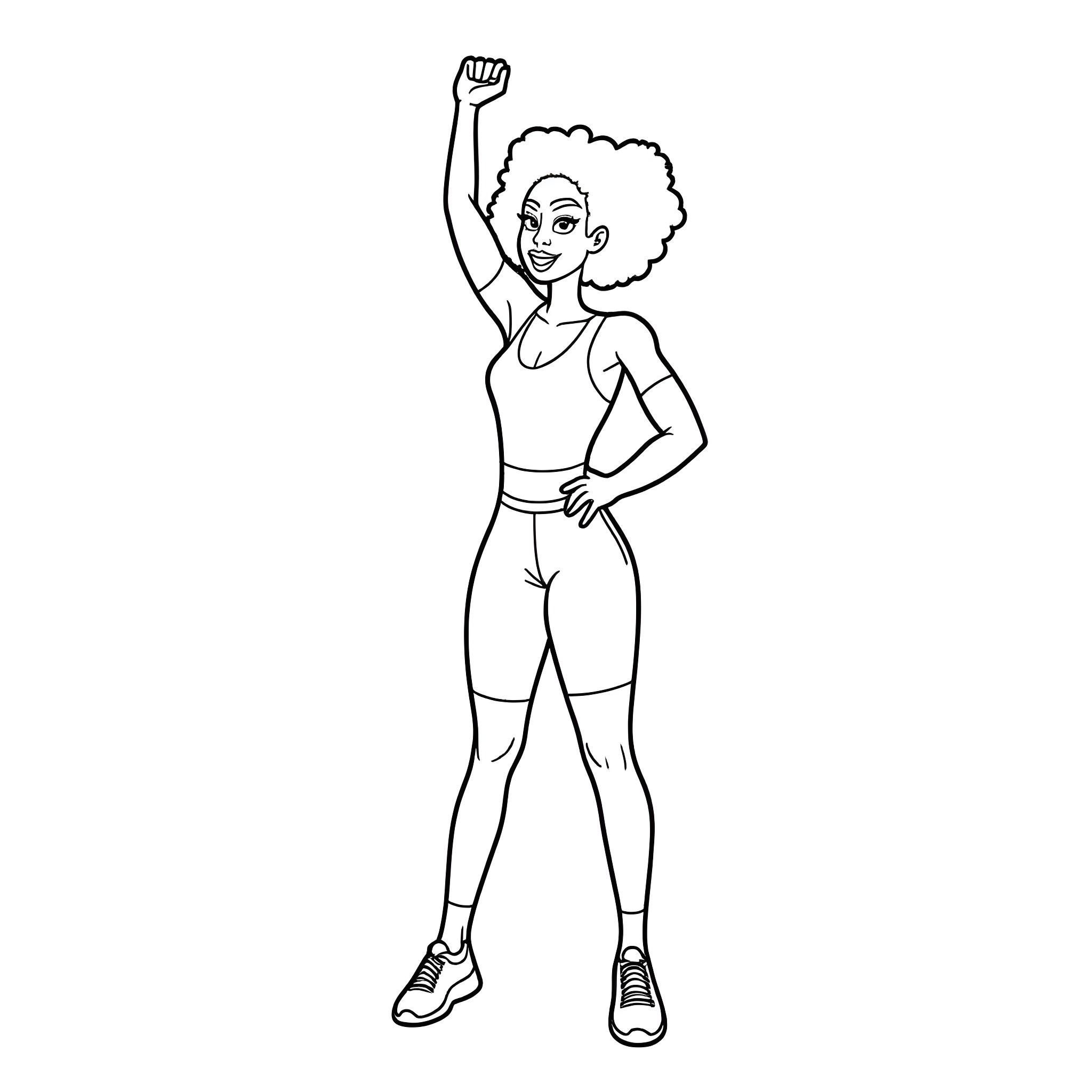 Woman in athletic pose with raised arm Coloring Page (free black-and-white line drawing printable PDF for all, from beginners to advanced learners, including children, teens, adults, and seniors)