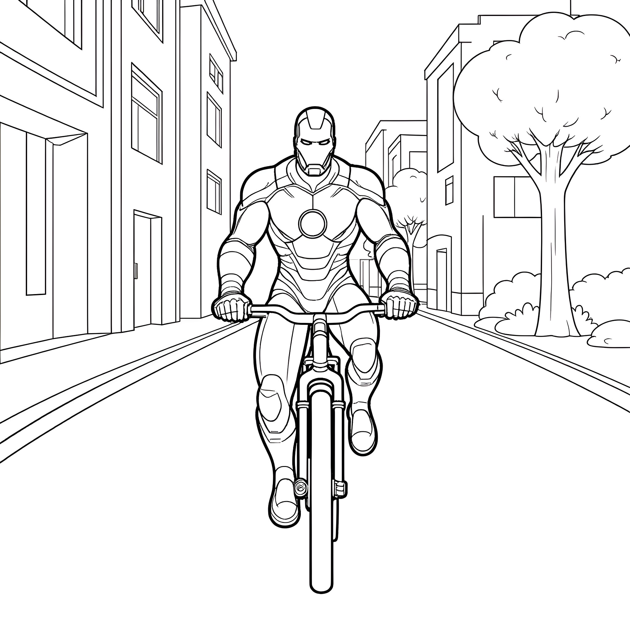 Ironman riding a bicycle through the city Coloring Page (free black-and-white line drawing printable PDF for all, from beginners to advanced learners, including children, teens, adults, and seniors)