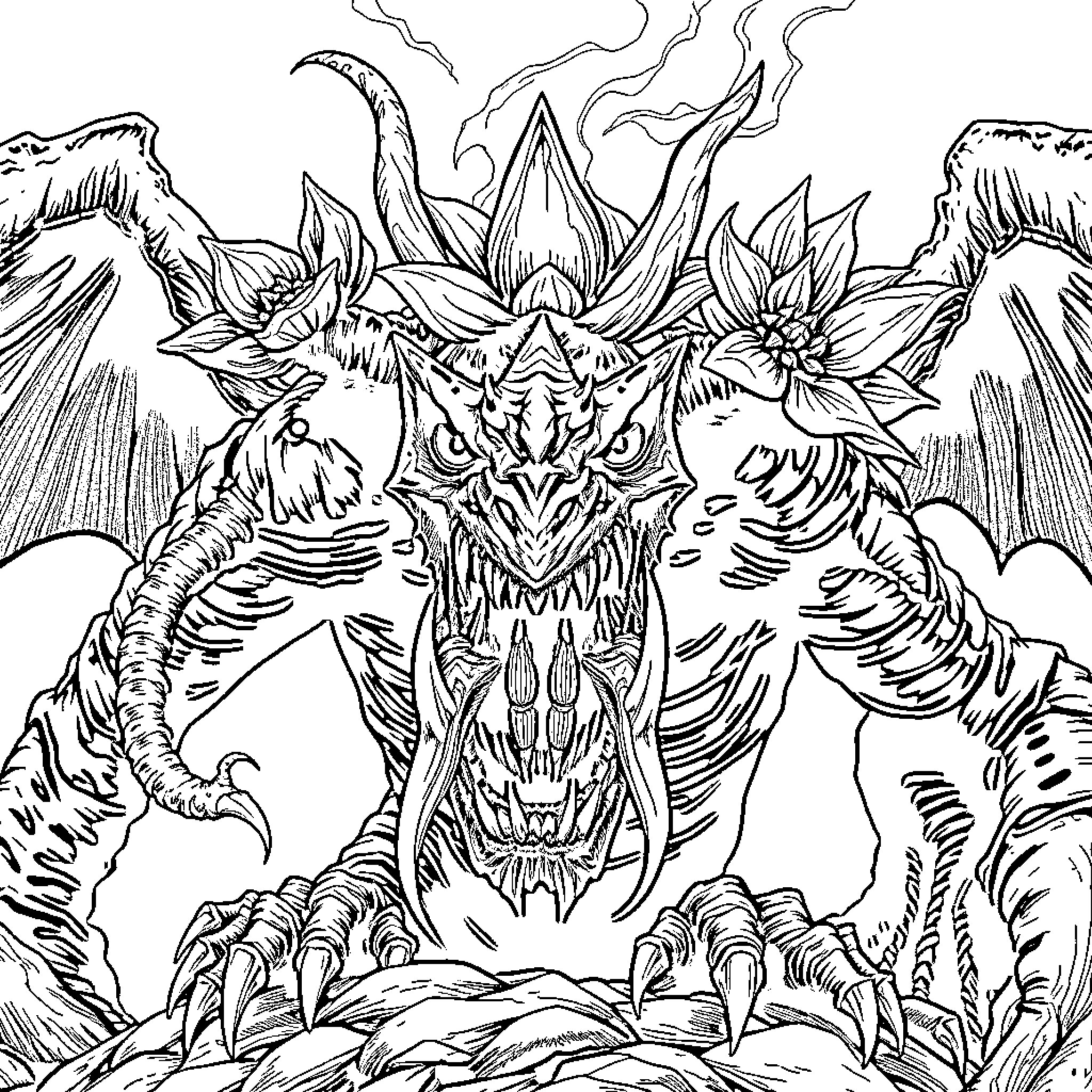 Demogorgon Fierce Creature in Mystical Landscape Coloring Page (free black-and-white line drawing printable PDF for all, from beginners to advanced learners, including children, teens, adults, and seniors)
